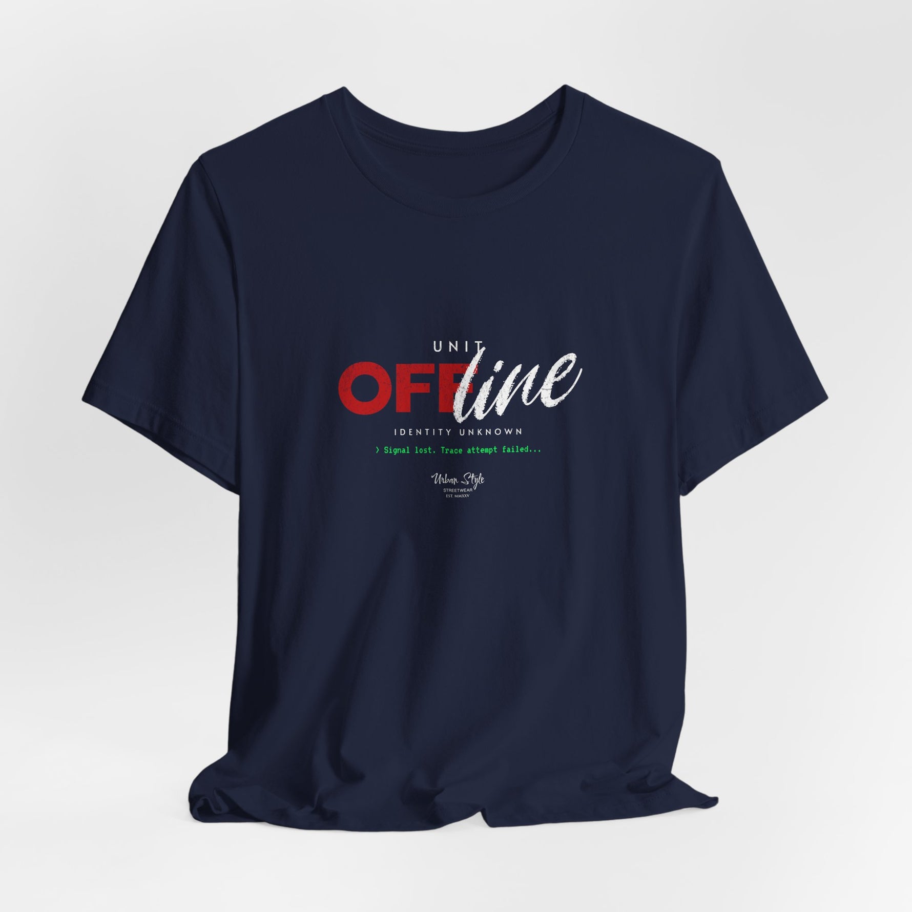 The UNIT OFFLINE t-shirt in navy — deep-signal silence, no return ping.