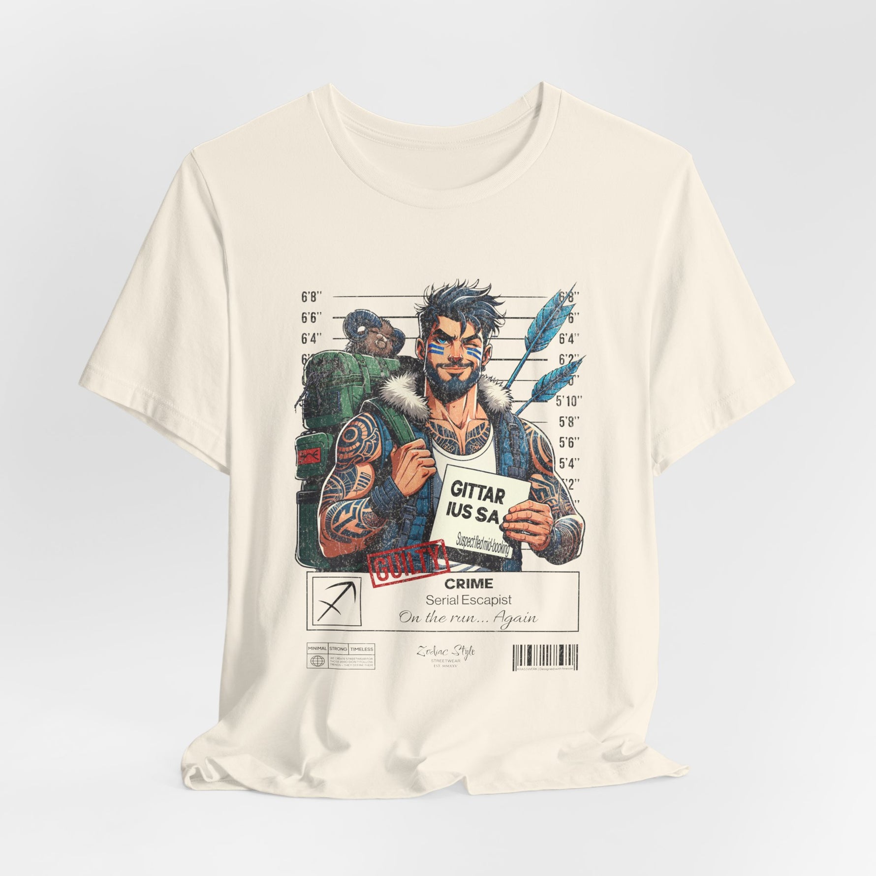 The SAGITTARIUS t-shirt in Natural — off-white shade for neutral, earth-toned simplicity. 3D mockup on white background. No model included.