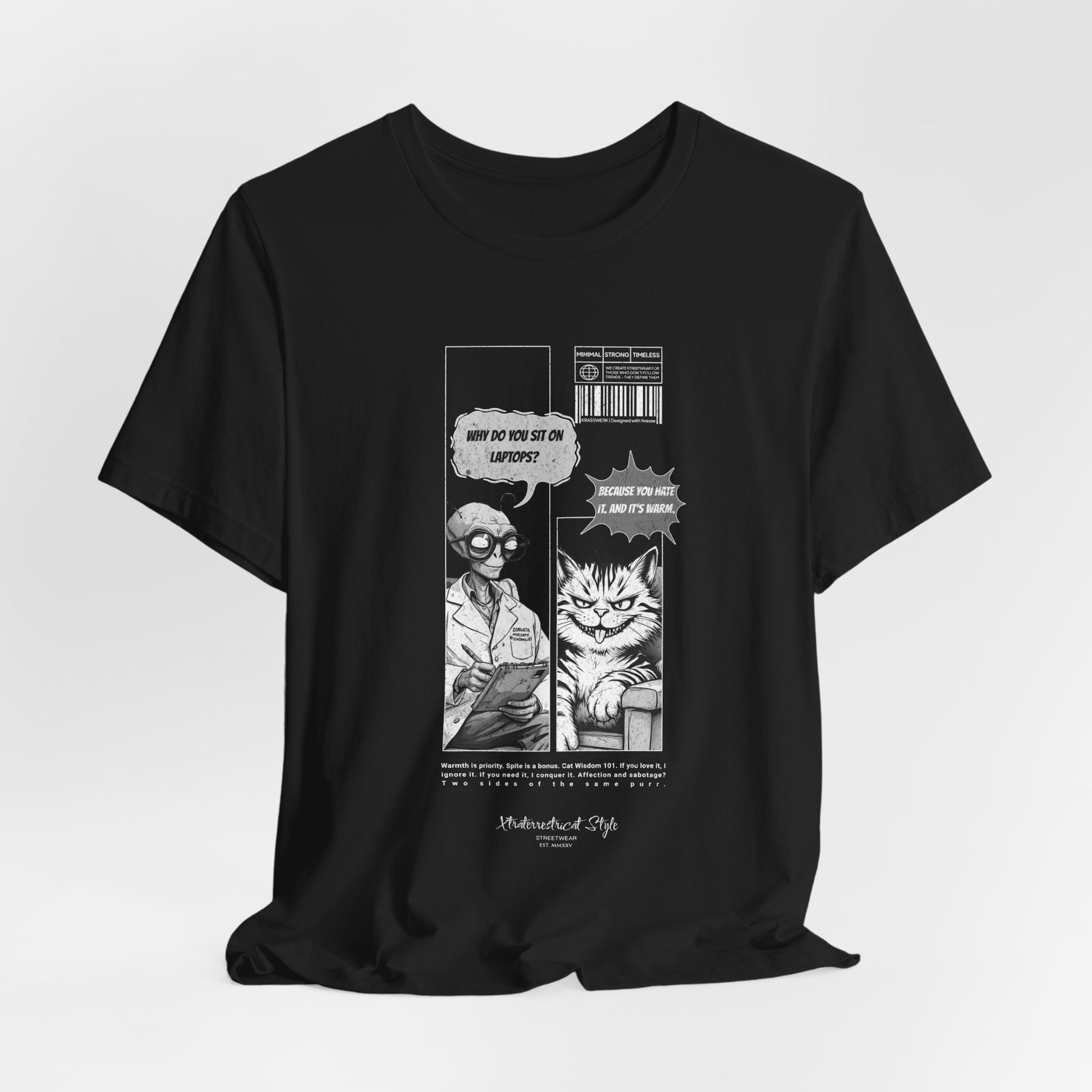 The SITONLAPTOPS t-shirt in Black — 3D mockup on a plain black shirt, no model, no background. Design in white and gray tones.