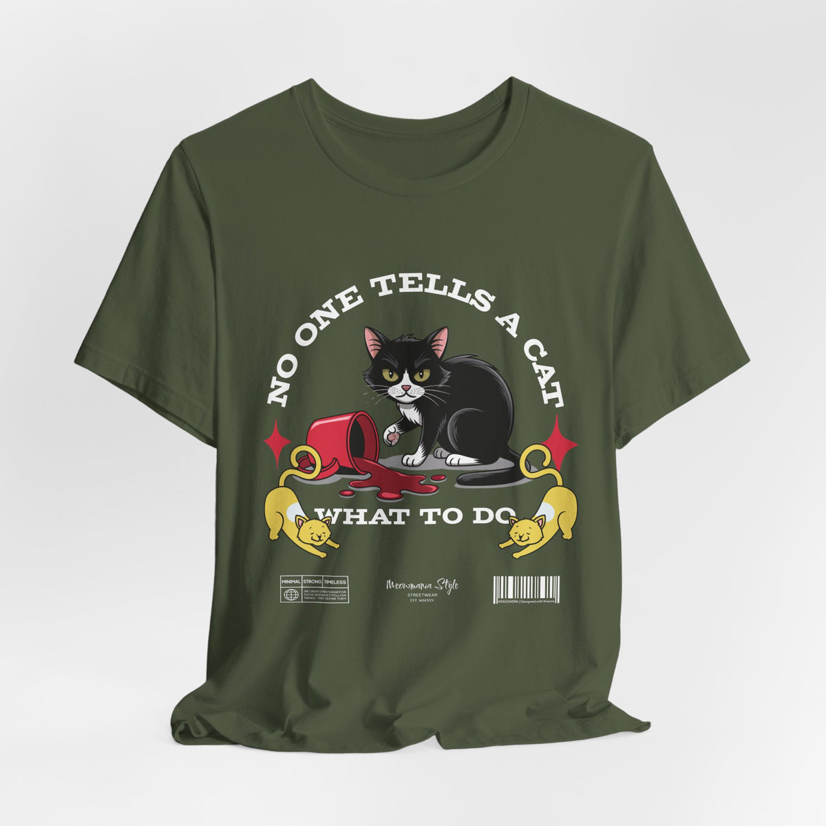 The No One Tells a Cat t-shirt in militarygreen — ghost mockup showing an olive green tone with no background or model.