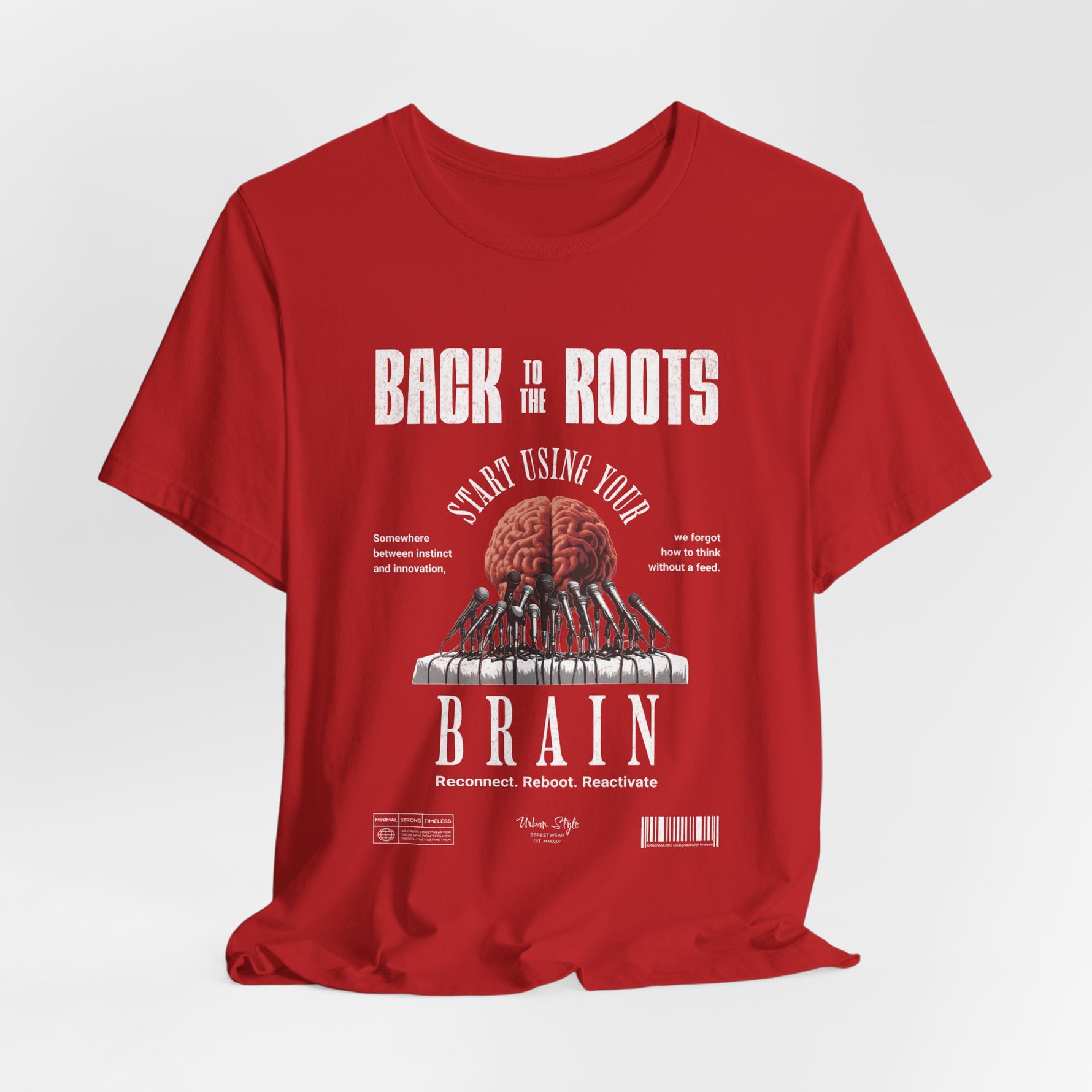 The Back to the Roots t-shirt in Red — raw instinct, untamed origin.