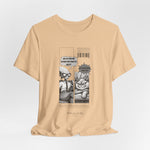 The CARDIO t-shirt in Sand Dune — Soft beige-colored 3D preview of t-shirt. Comic design intact. No background or model.