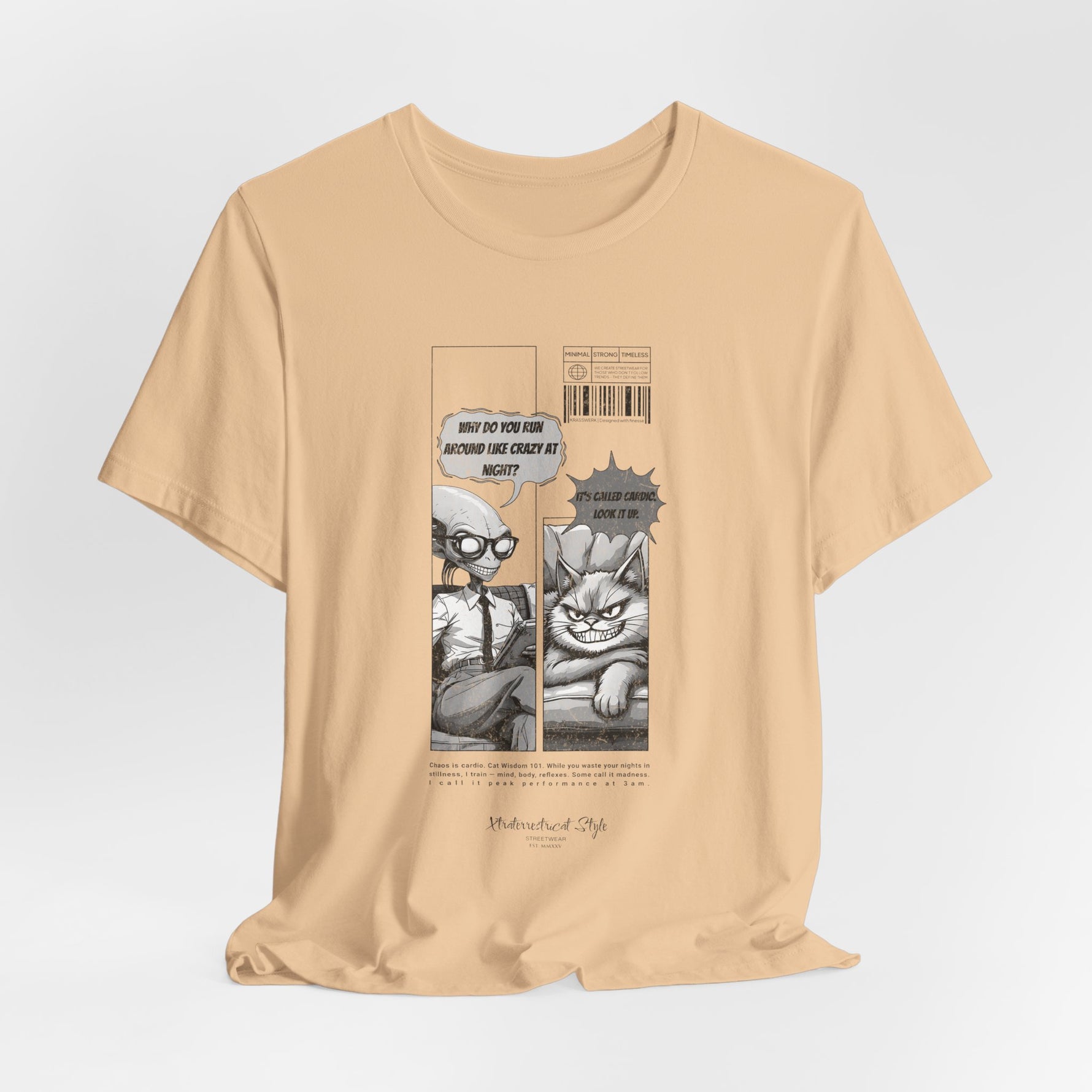 The CARDIO t-shirt in Sand Dune — Soft beige-colored 3D preview of t-shirt. Comic design intact. No background or model.