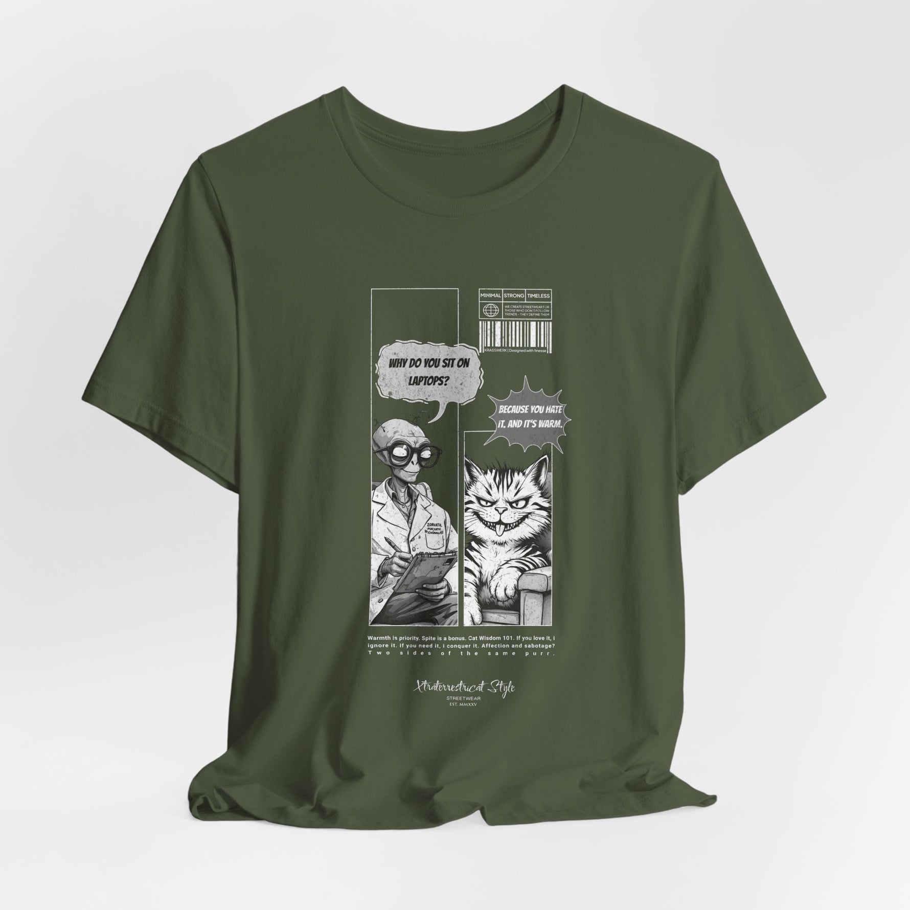 The SITONLAPTOPS t-shirt in Military Green — 3D mockup on an army-toned shirt, no model, no background. Graphic feels tactical and clean.