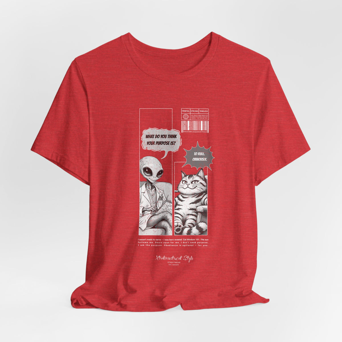 The TO RULE t-shirt in Heather Red — subtle red tones under a white design, adds bold contrast to the comic.