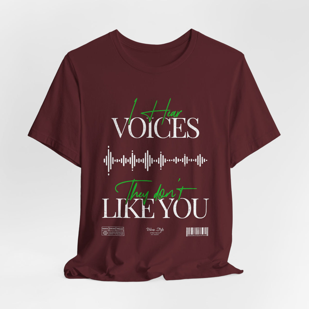The VOICES t-shirt in Maroon — rich with suppressed tension, like a warning dressed in velvet.