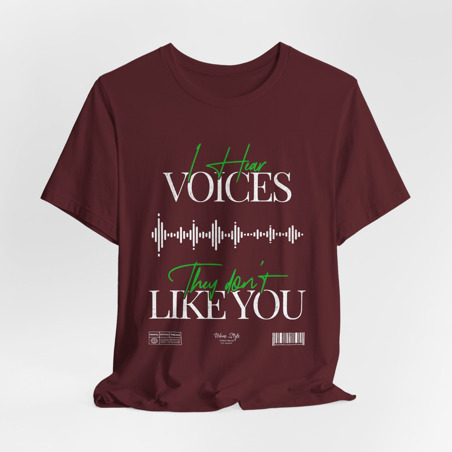 The VOICES t-shirt in Maroon — rich with suppressed tension, like a warning dressed in velvet.
