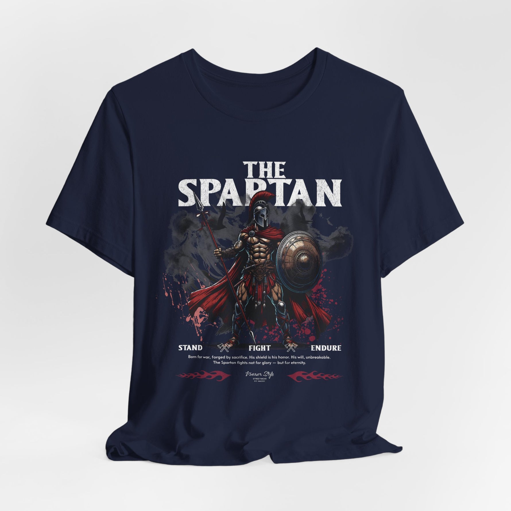 The SPARTAN t-shirt in Navy — calm before the charge, like a warrior’s midnight.