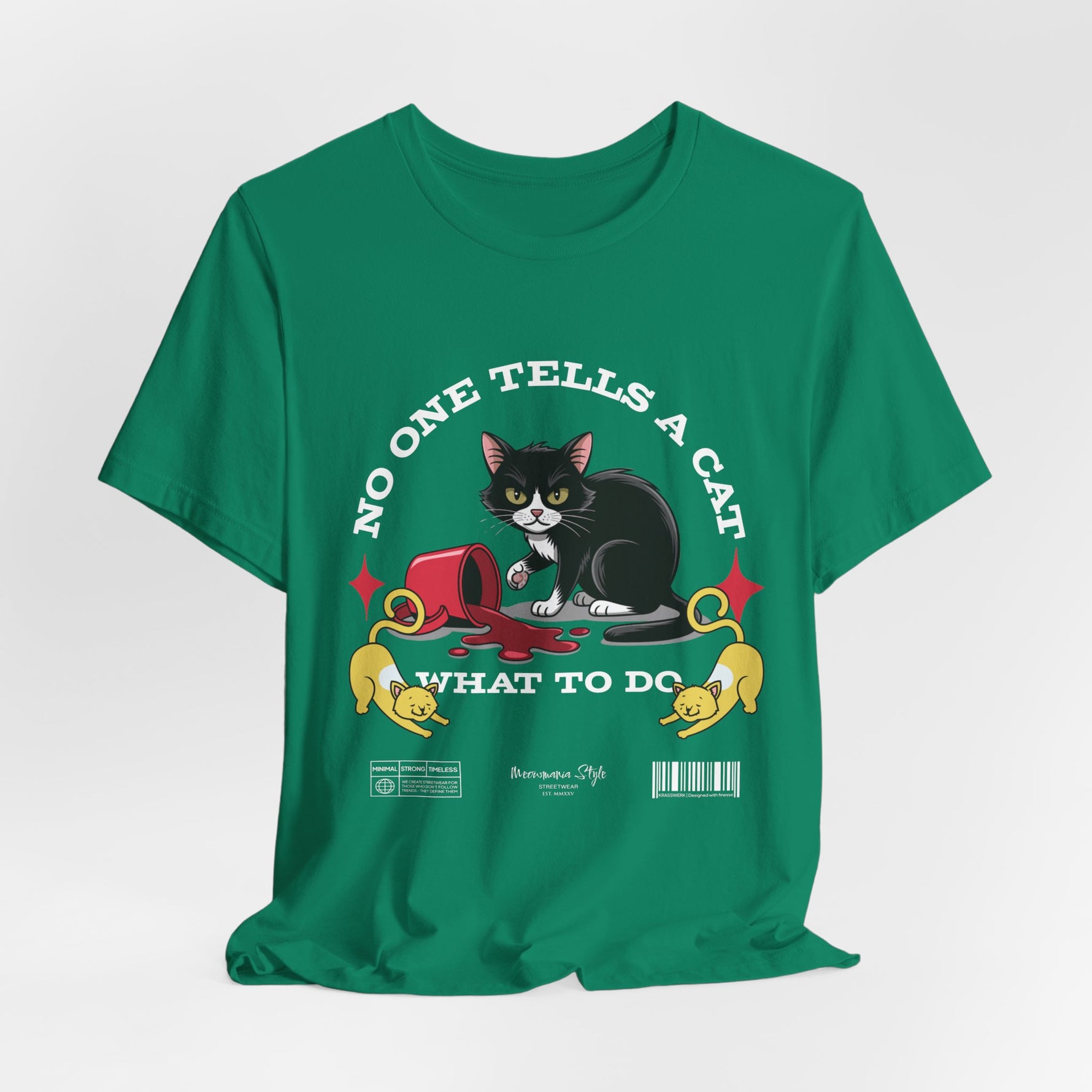 The No One Tells a Cat t-shirt in kelly — ghost mockup showing a vibrant green fabric tone with no background or model.
