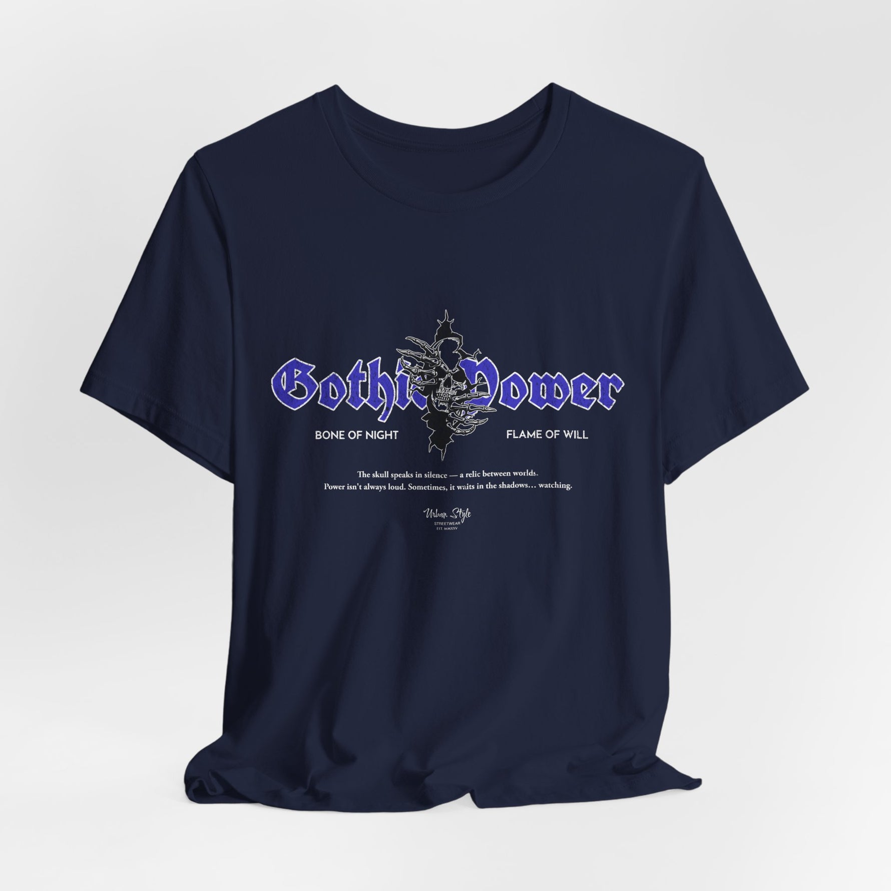 The GOTHIC POWER t-shirt in Navy — old bloodlines, deeper shadows.