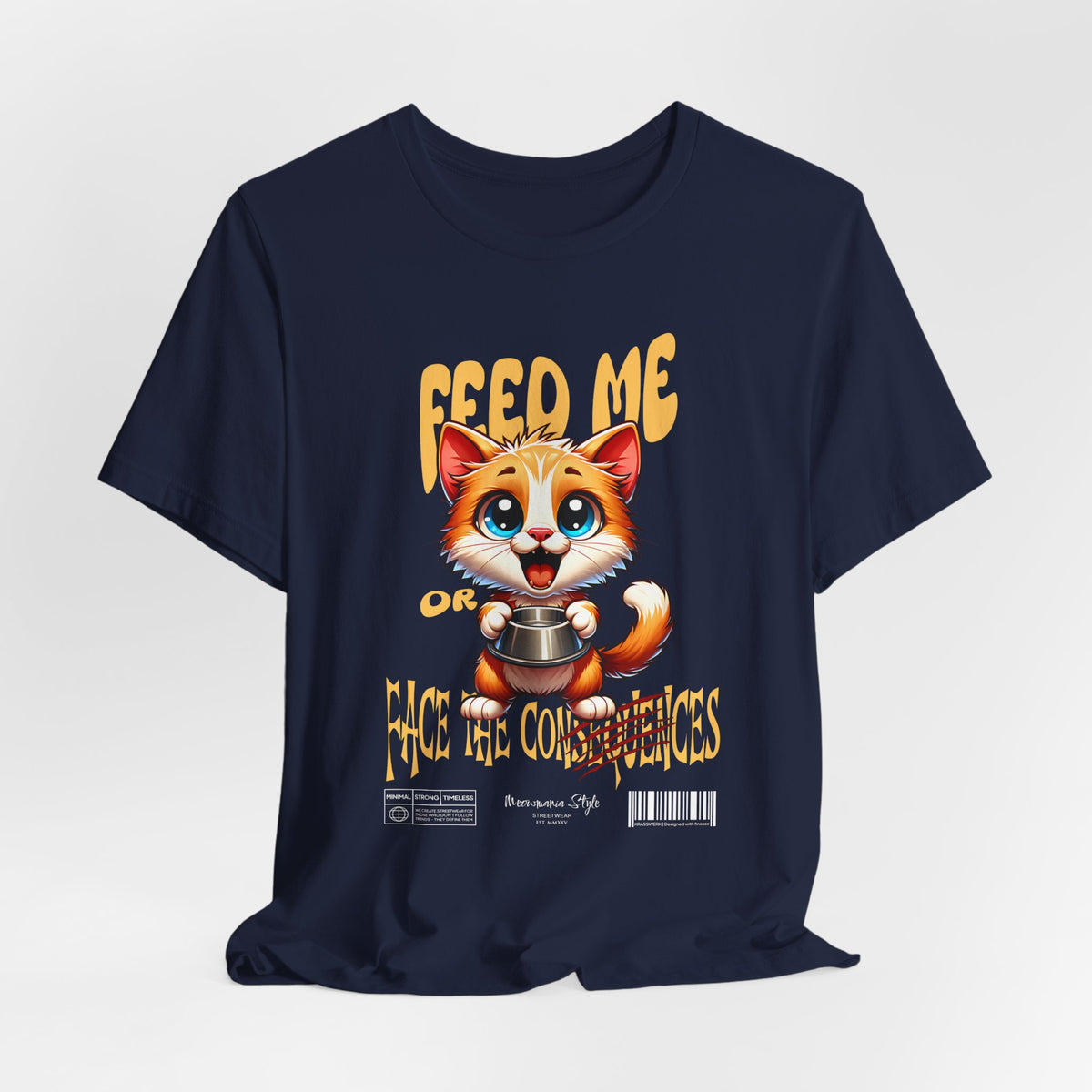 The FEED ME t-shirt in navy — classic with a hint of menace behind those big eyes.