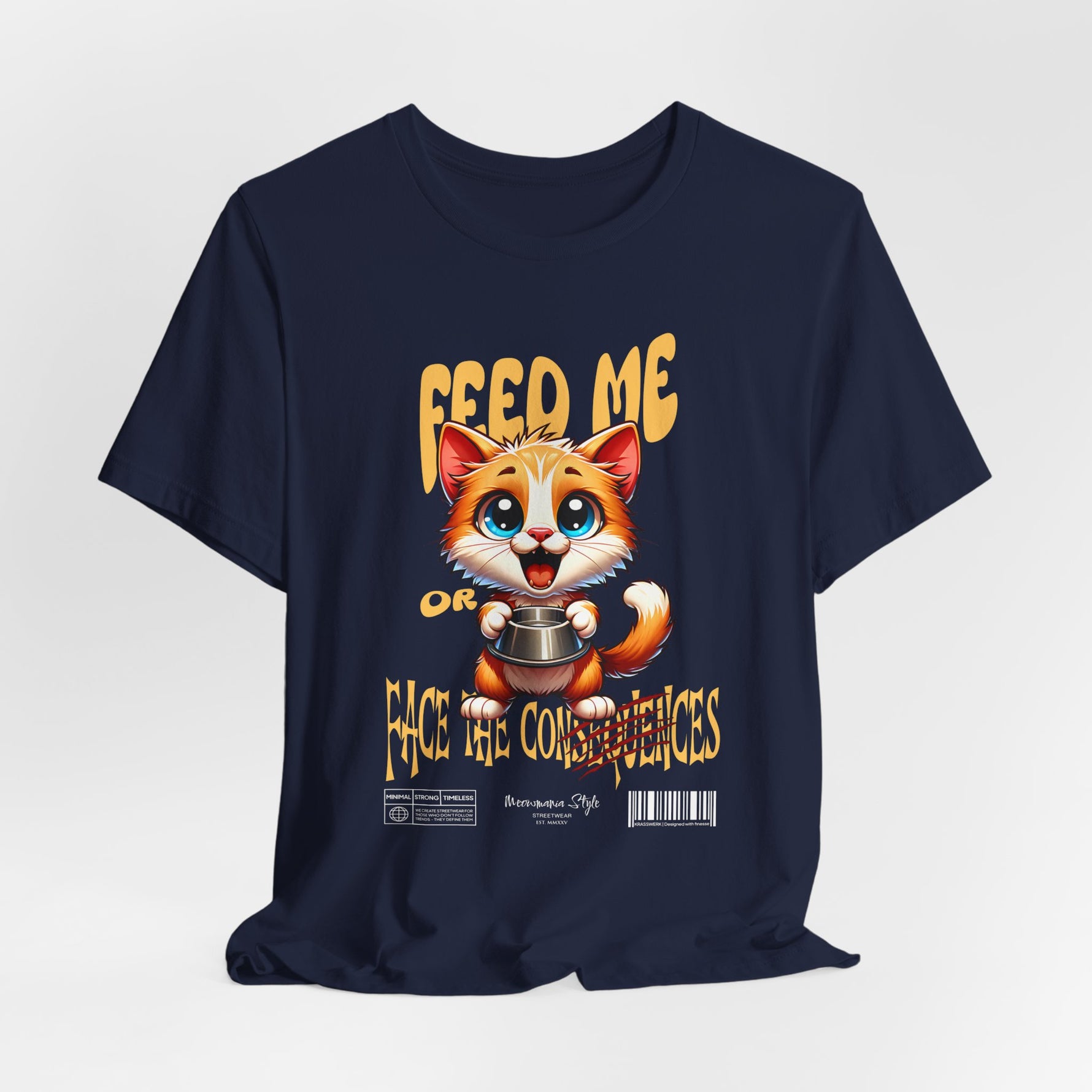 The FEED ME t-shirt in navy — classic with a hint of menace behind those big eyes.