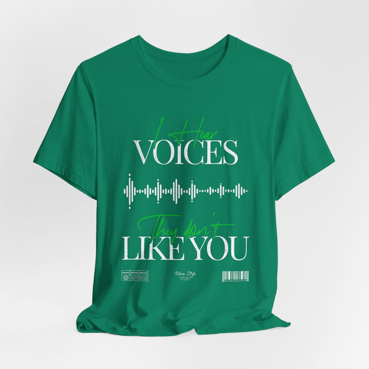 The VOICES t-shirt in Kelly — vibrant and eerie, like a voice too cheerful to trust.