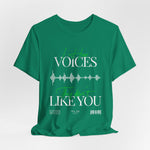 The VOICES t-shirt in Kelly — vibrant and eerie, like a voice too cheerful to trust.