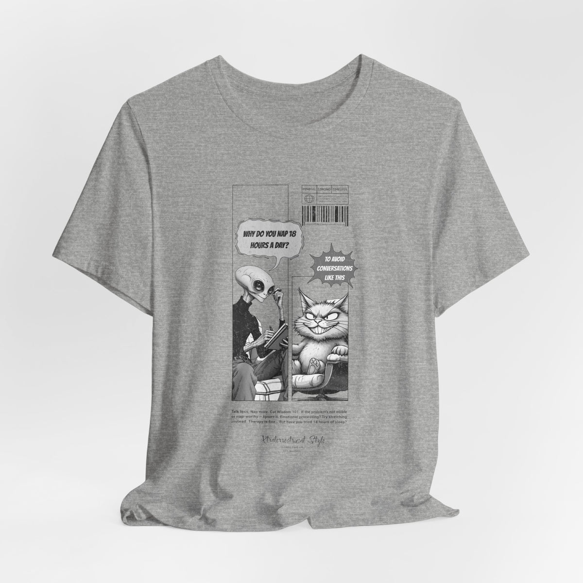 The NAP – 18h A Day t-shirt in Athletic Heather — Light grey adds soft neutrality, keeping the comic strip crisp and visible.