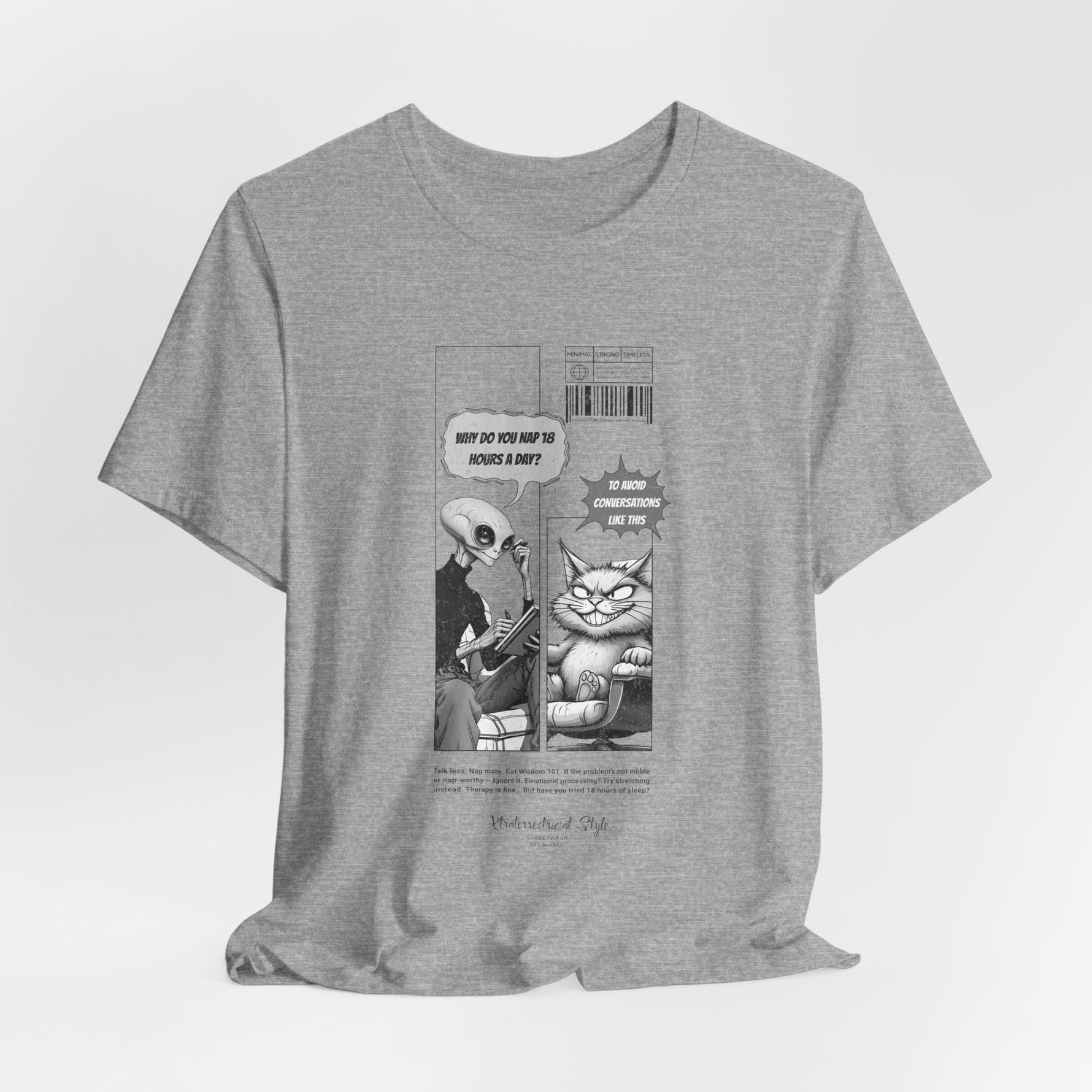 The NAP – 18h A Day t-shirt in Athletic Heather — Light grey adds soft neutrality, keeping the comic strip crisp and visible.