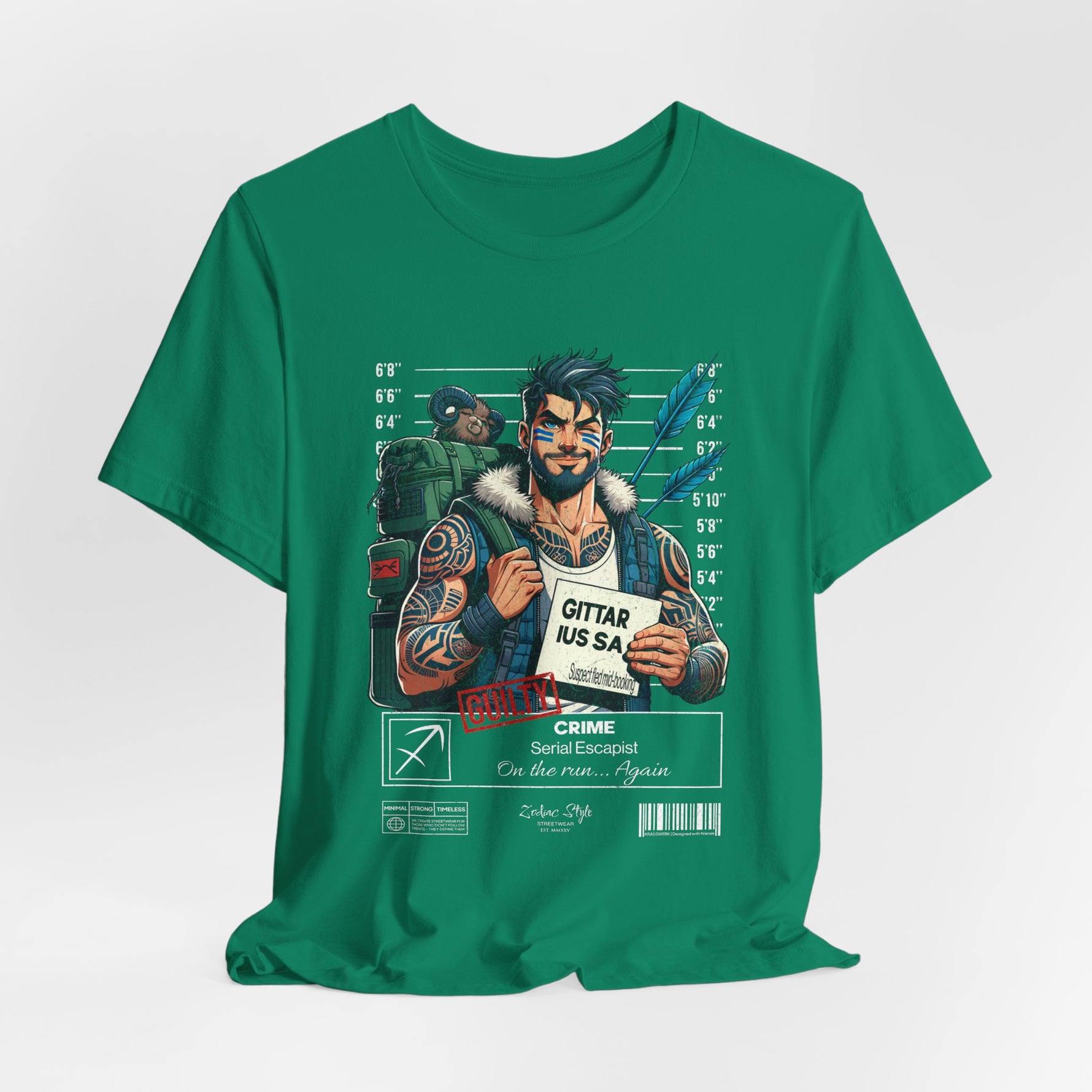 The SAGITTARIUS t-shirt in Kelly — vibrant green tone representing a free-spirited wanderer. 3D mockup on white background. No model included.