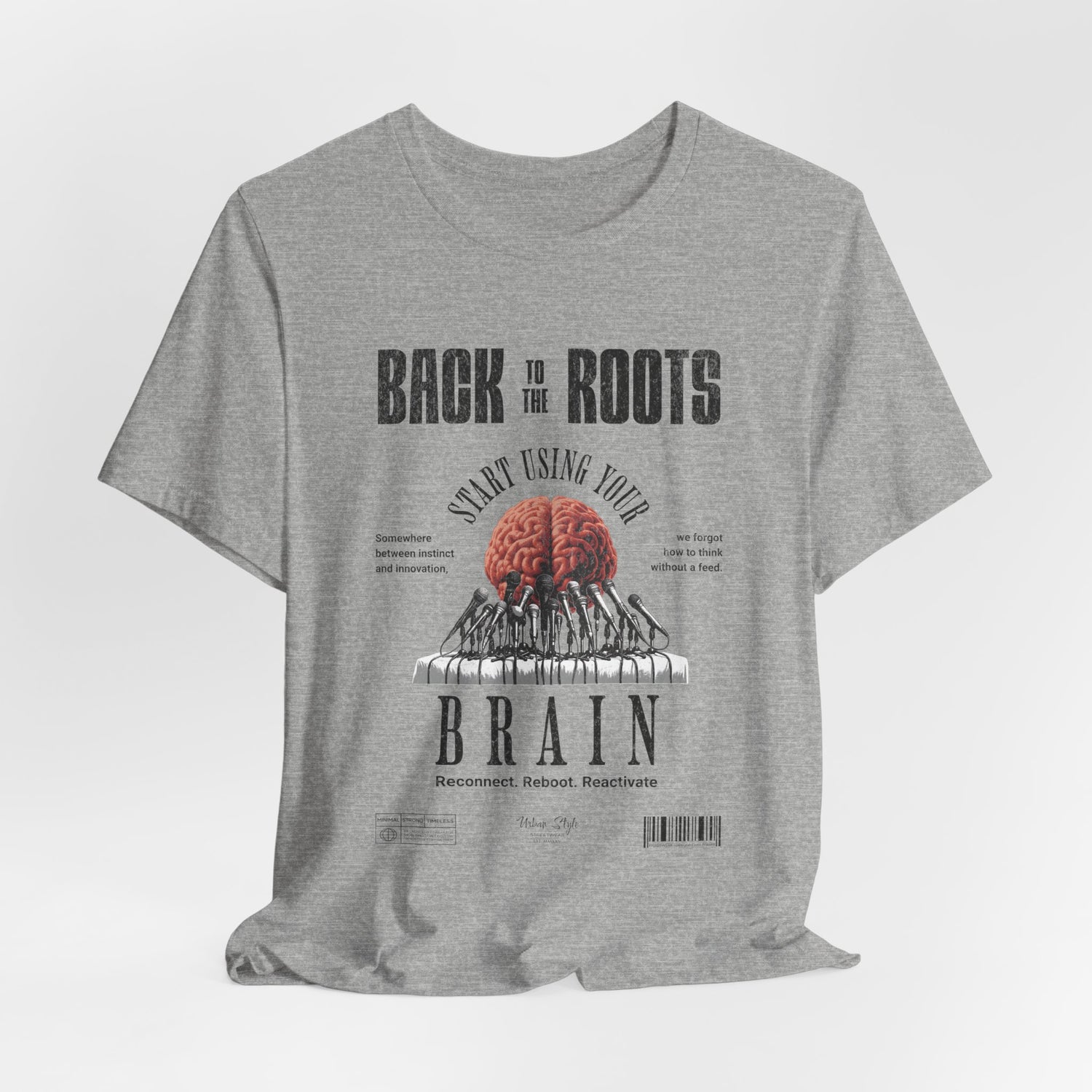 The Back to the Roots t-shirt in Athletic Heather — worn in, never worn out.