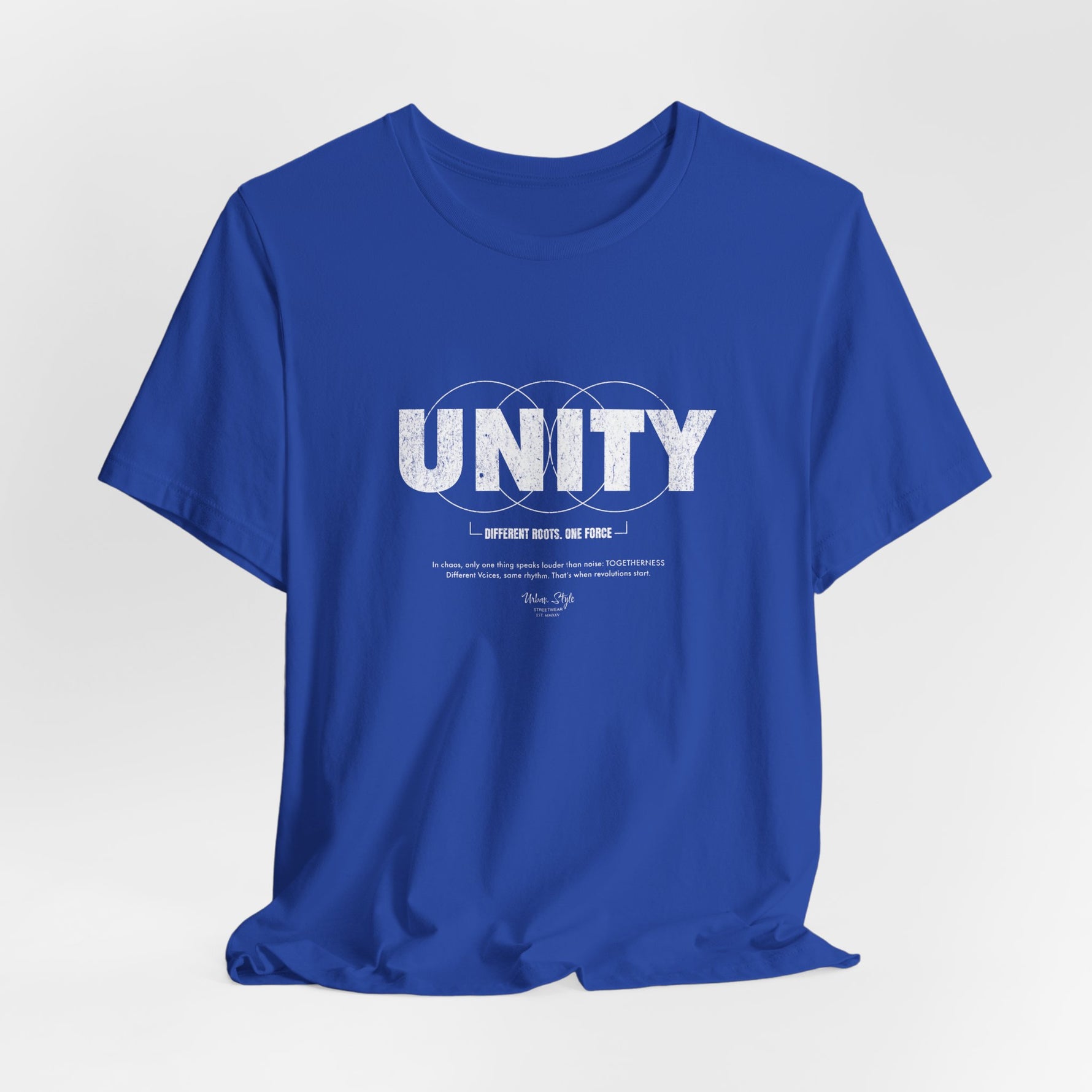 The UNITY t-shirt in True Royal — majestic, magnetic, undeniably one.