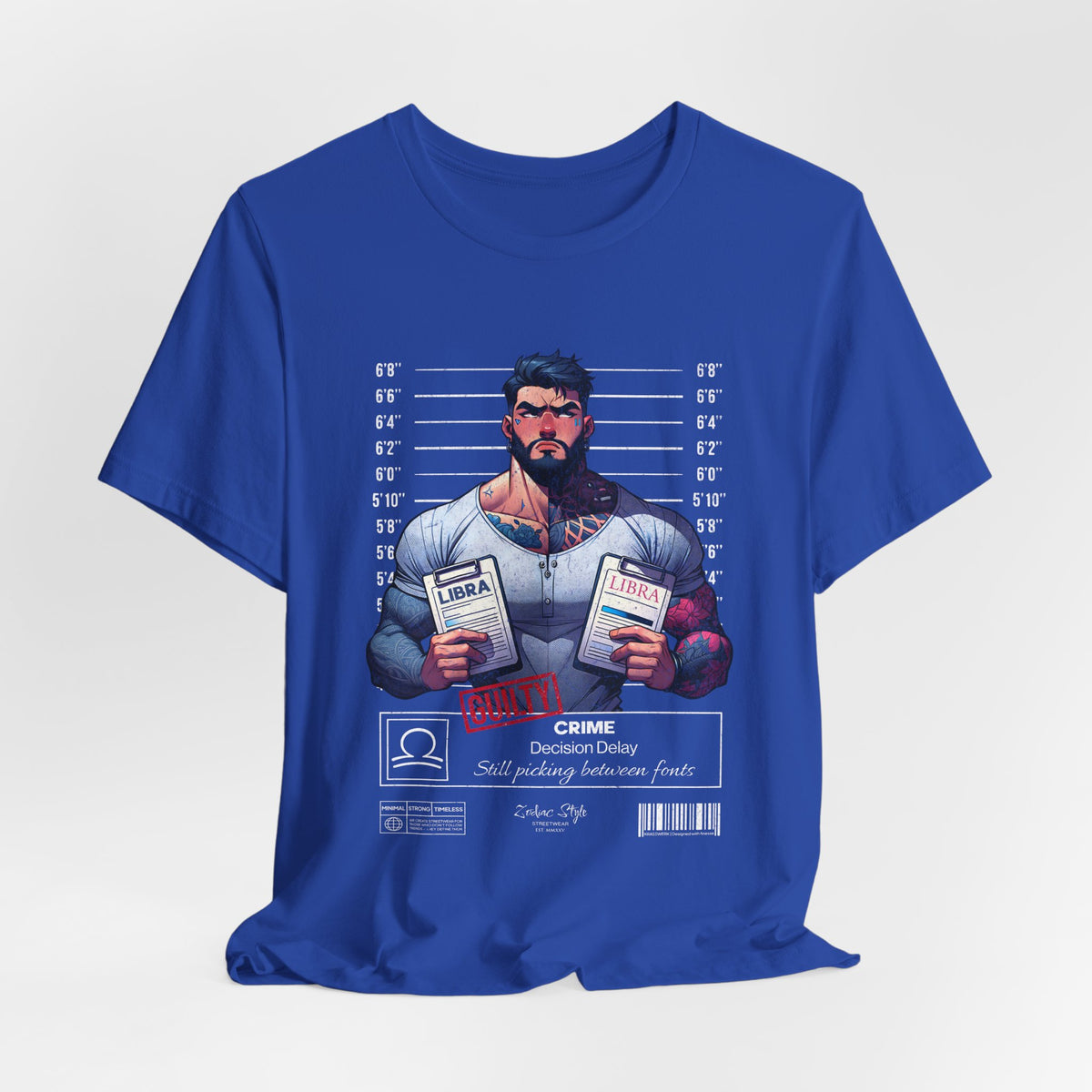 3D mockup of the LIBRA t-shirt in True Royal — intense royal blue tone. NO BACKGROUND. NO MODEL.