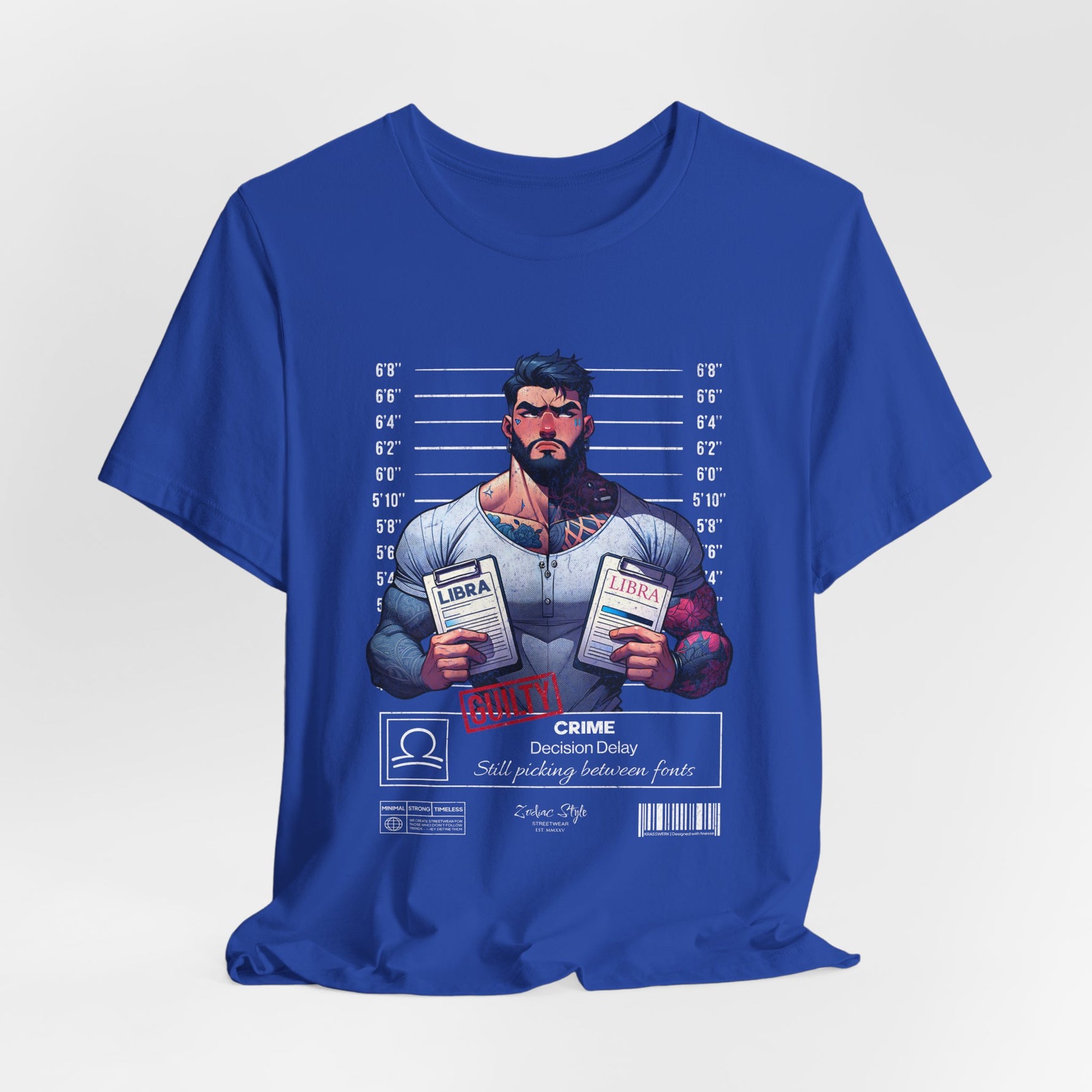 3D mockup of the LIBRA t-shirt in True Royal — intense royal blue tone. NO BACKGROUND. NO MODEL.