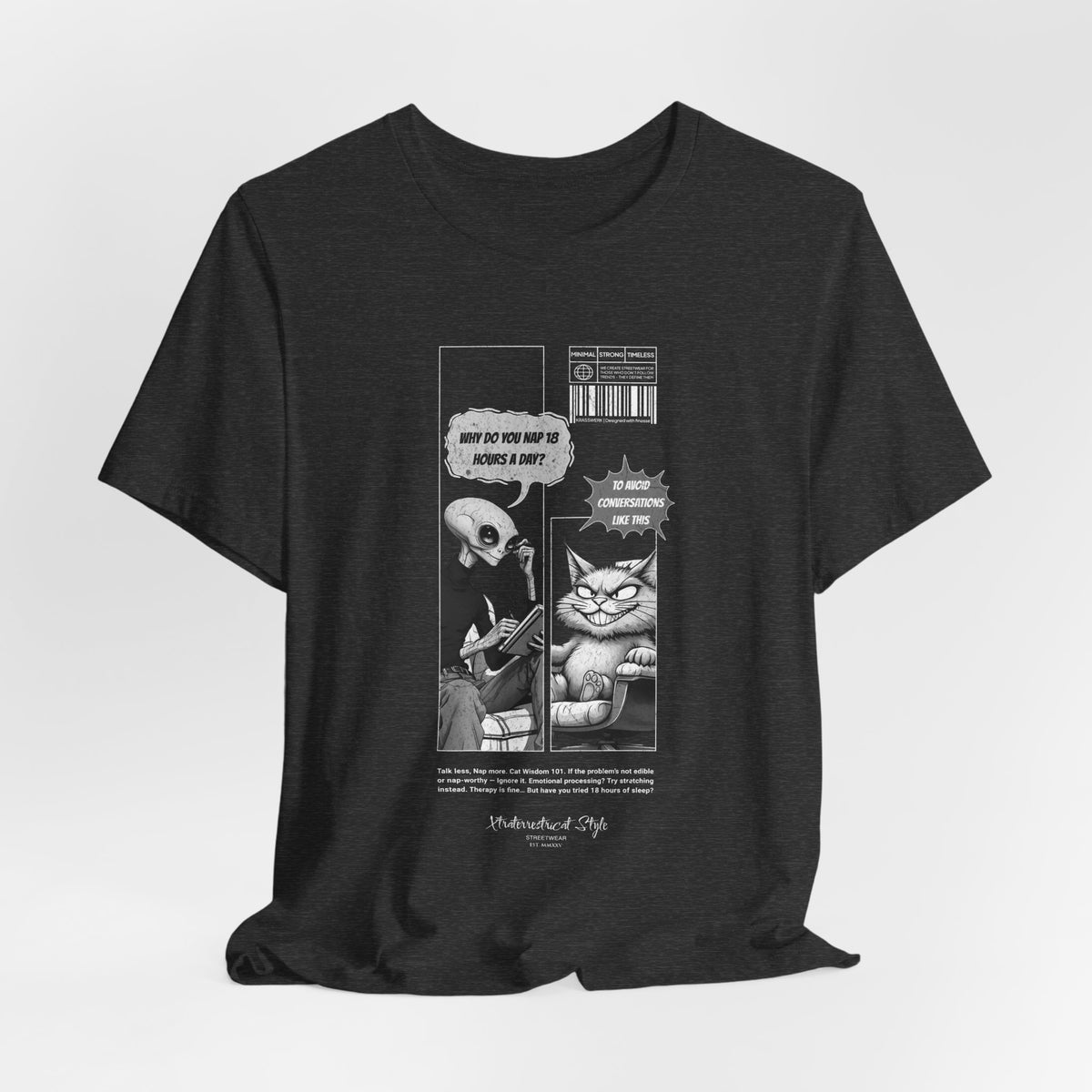 The NAP – 18h A Day t-shirt in Dark Heather Grey — Mottled grey texture adds quiet contrast to the bold black-and-white artwork.