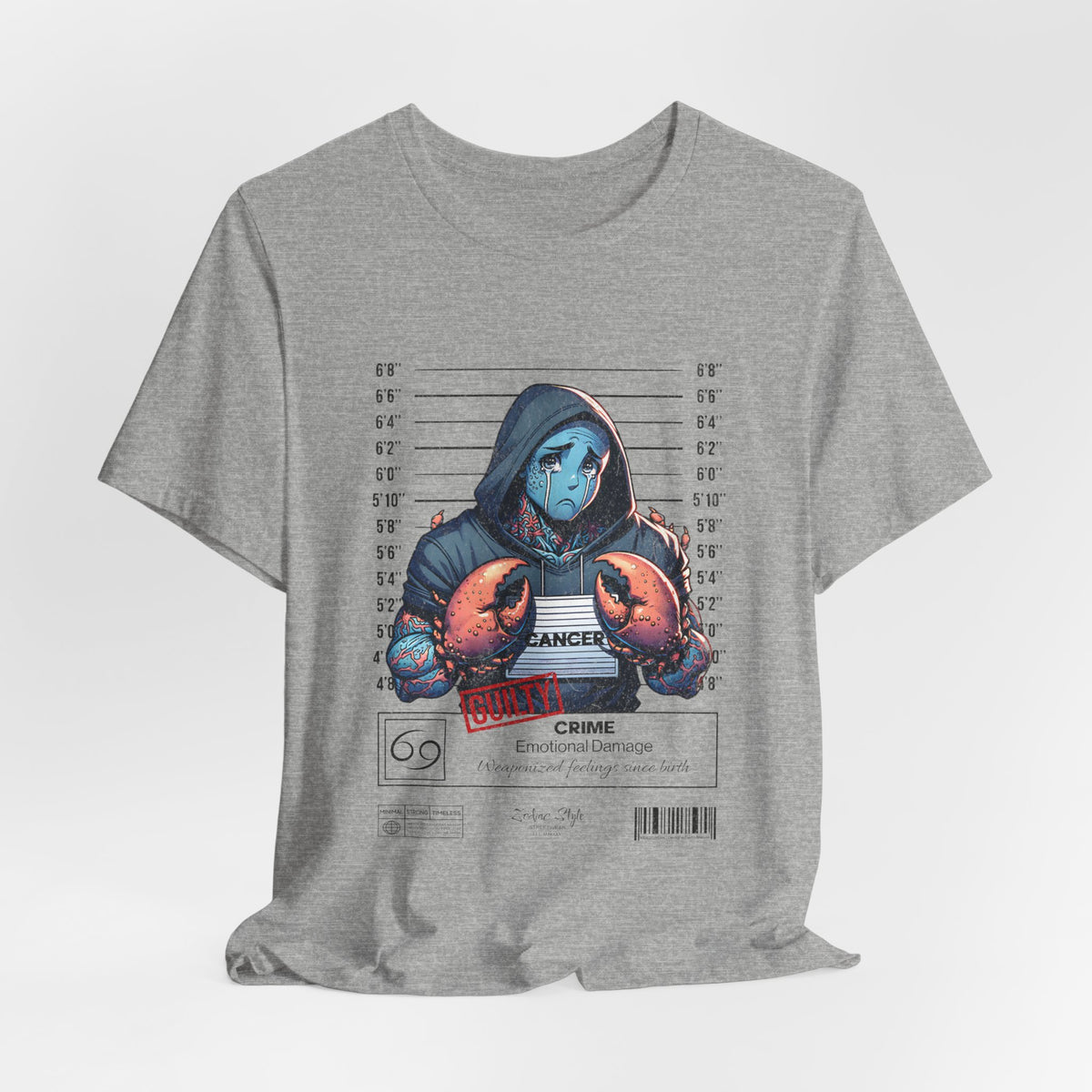 The CANCER t-shirt in Athletic Heather — 3D mockup of a light heather grey shirt with speckled texture. No background, no model.