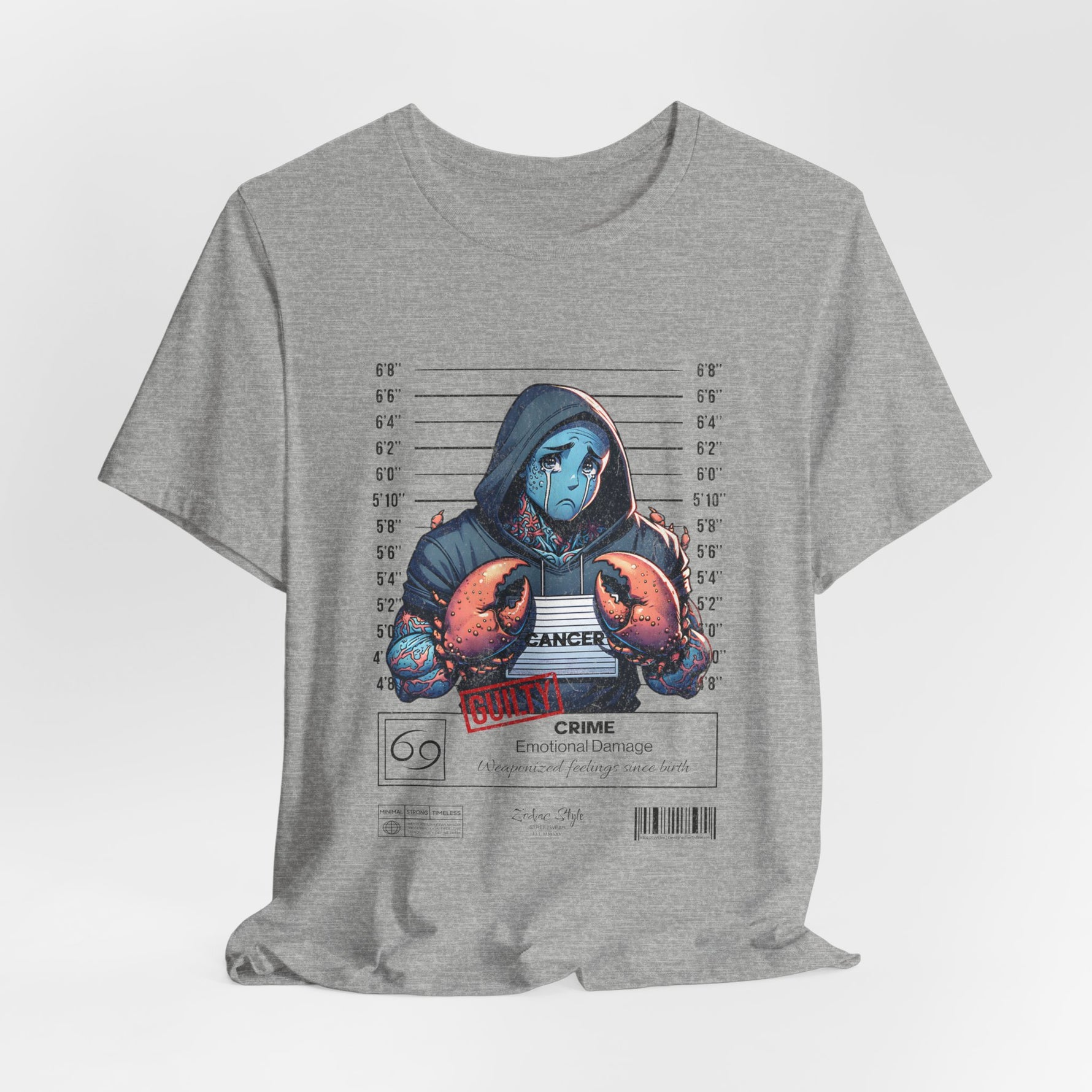 The CANCER t-shirt in Athletic Heather — 3D mockup of a light heather grey shirt with speckled texture. No background, no model.