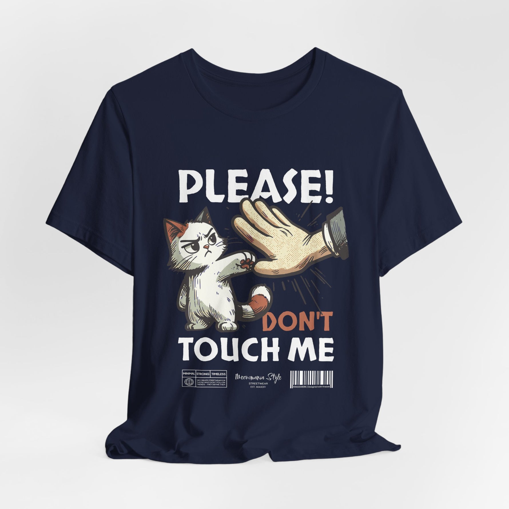 The PLEASE! DON’T TOUCH ME t-shirt in Navy — silent resistance, calm yet entirely unavailable.