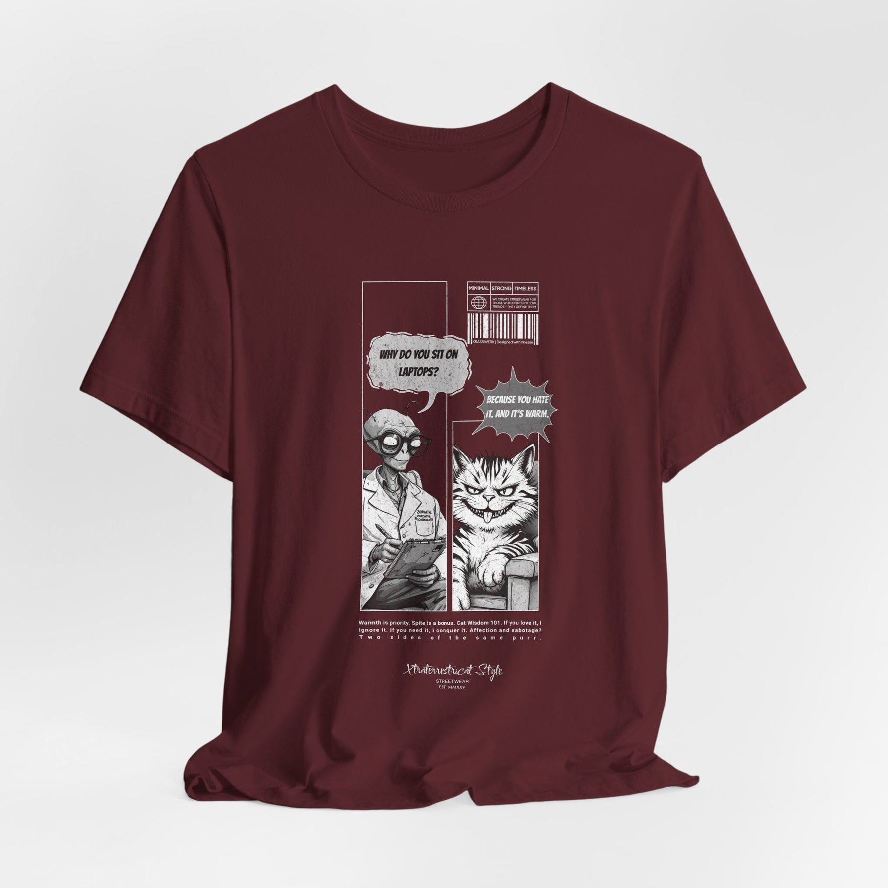The SITONLAPTOPS t-shirt in Maroon — 3D mockup on a dark maroon shirt, no model, no background. High contrast between ink and fabric.