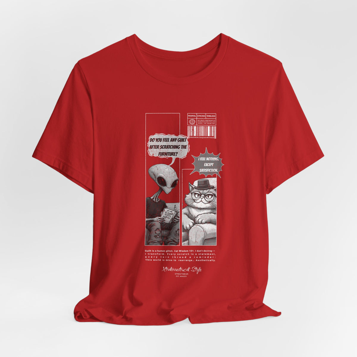 The Satisfiction t-shirt in red — 3D mockup featuring a bold, saturated red. No background or model.