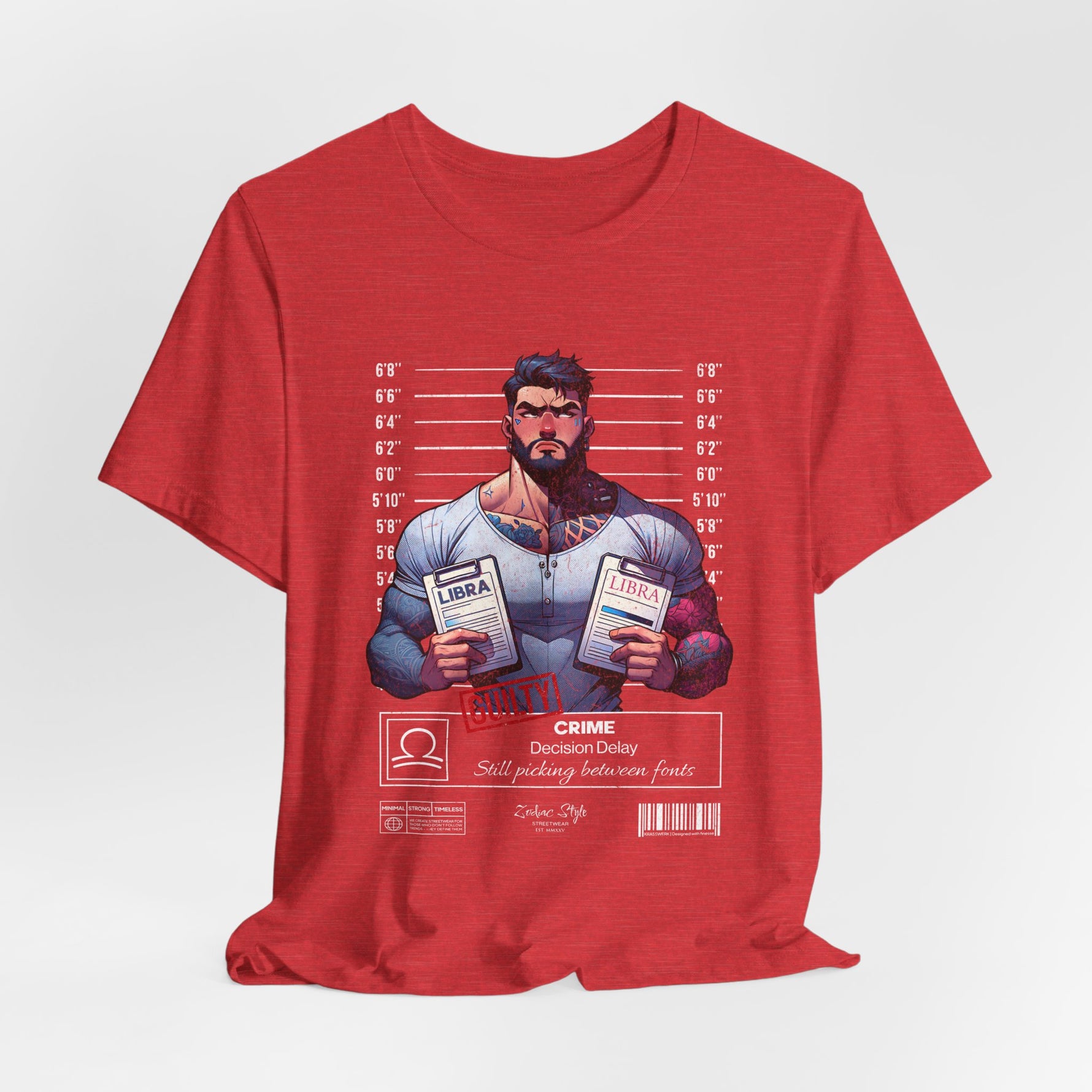 3D mockup of the LIBRA t-shirt in Red — bold, primary red shade. NO BACKGROUND. NO MODEL.