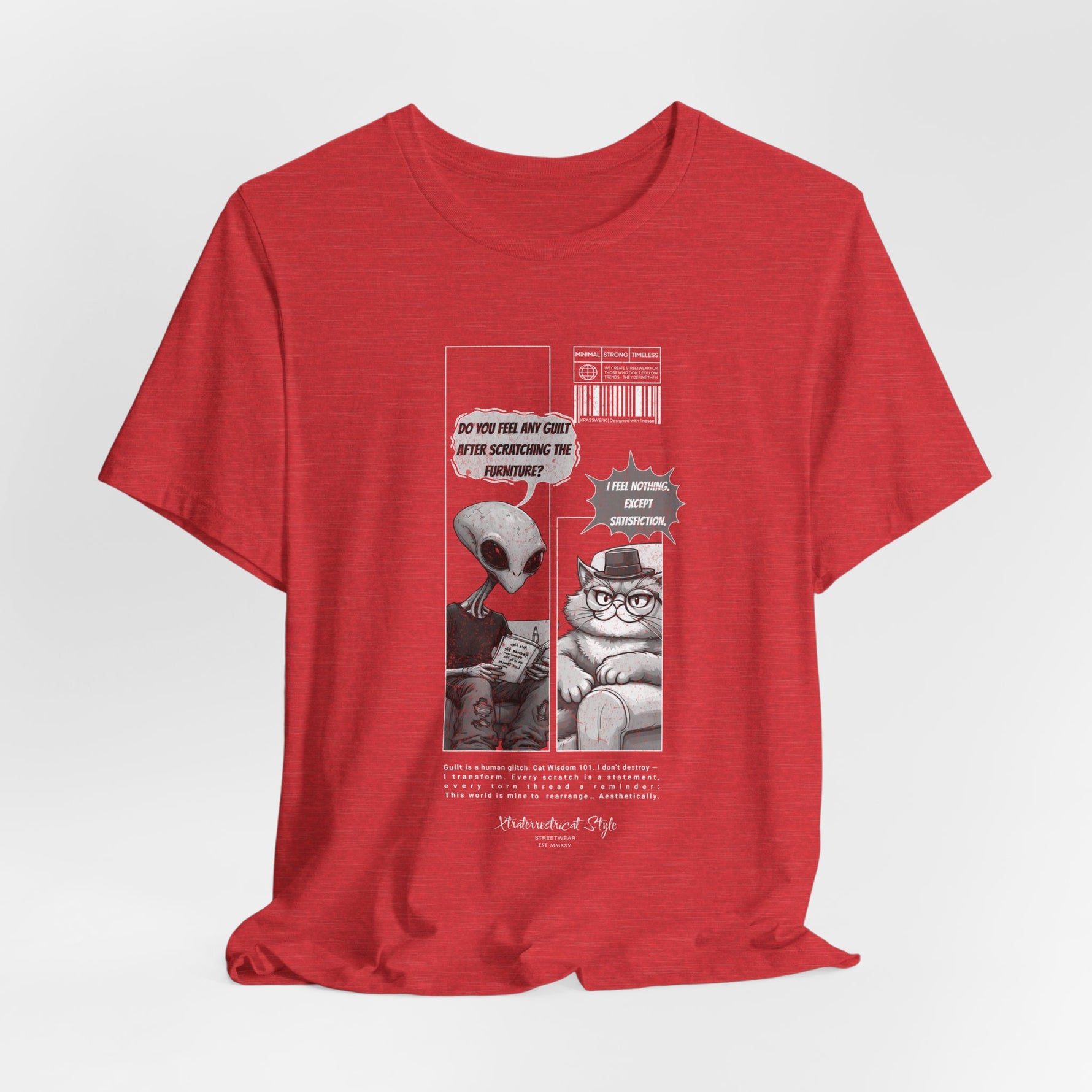The Satisfiction t-shirt in heather red — 3D mockup displaying a soft, muted red shade. No background or model.