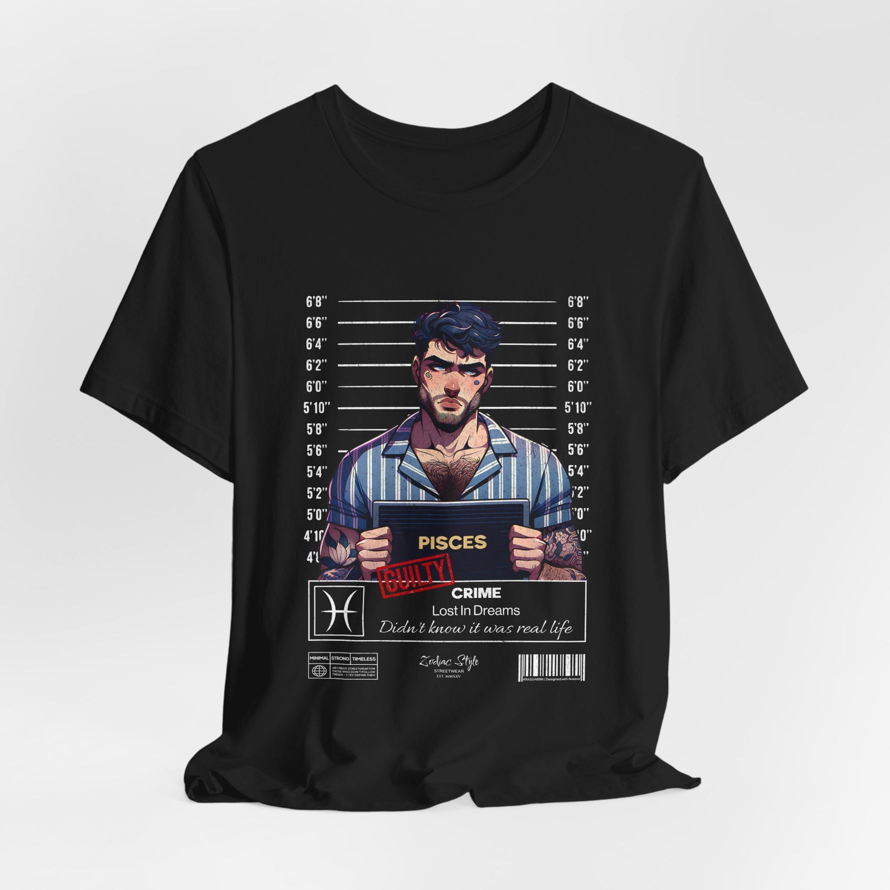 The PISCES t-shirt in Black — deep and detached, drifting inward.
