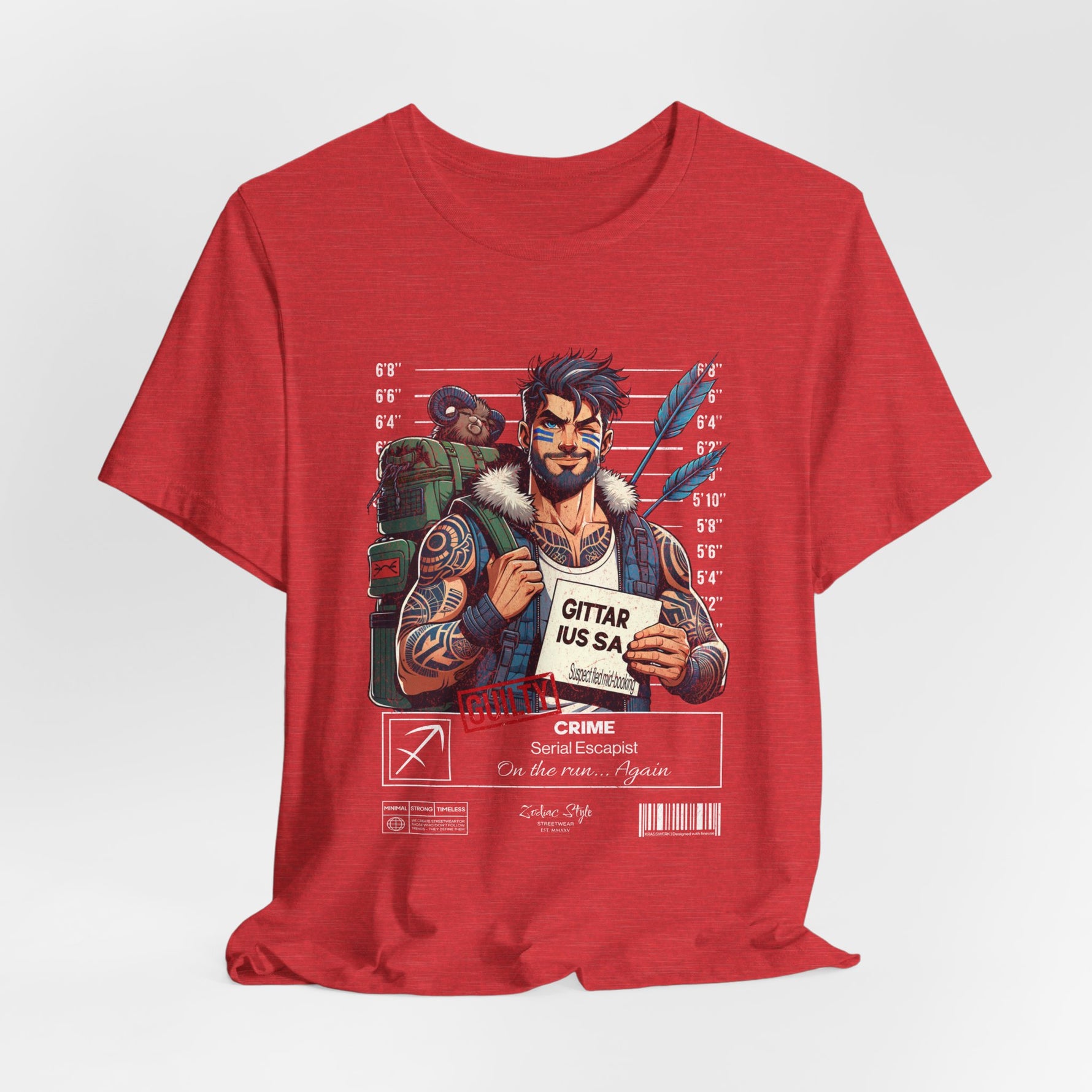 The SAGITTARIUS t-shirt in Red — strong red hue symbolizing bold action and forward motion. 3D mockup on white background. No model included.