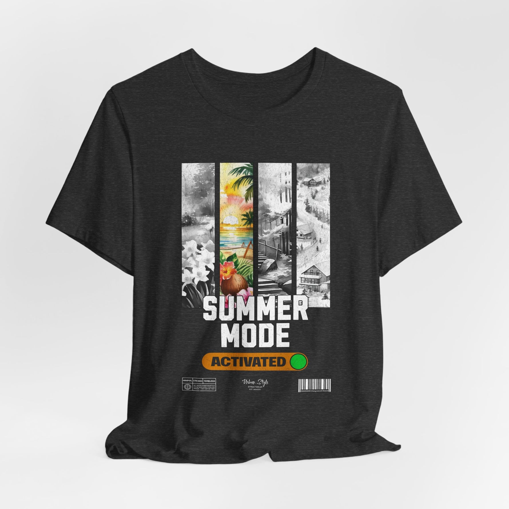The SUMMER MODE t-shirt in dark heather grey — Overcast beach mornings captured in cotton.