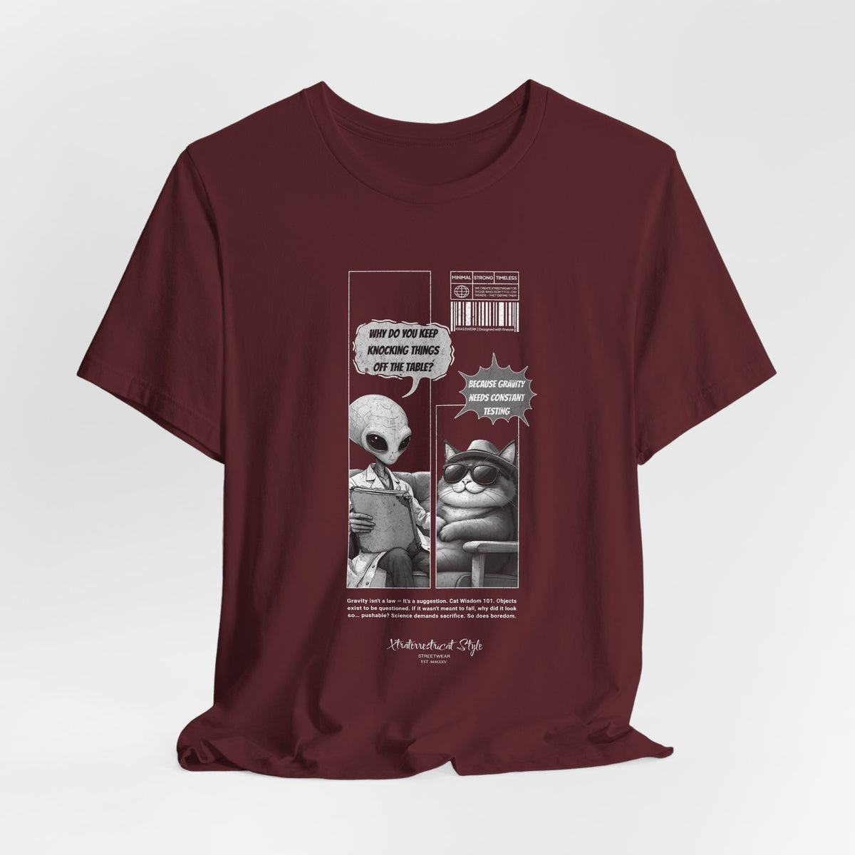 The GRAVITY t-shirt in Maroon — 3D mockup in dark burgundy tone, displaying the graphic centered on chest. No background, no model.
