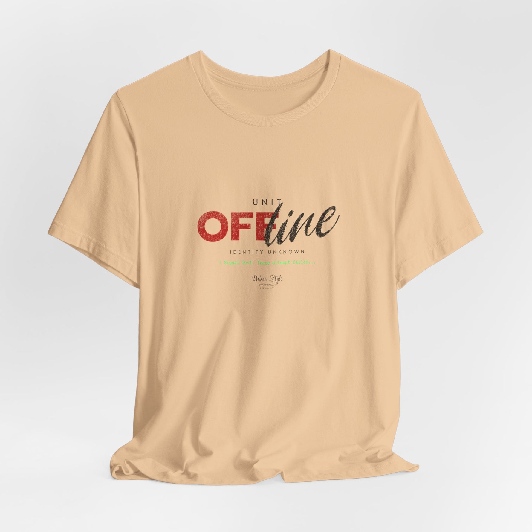 The UNIT OFFLINE t-shirt in sand dune — the last imprint before everything disconnects.
