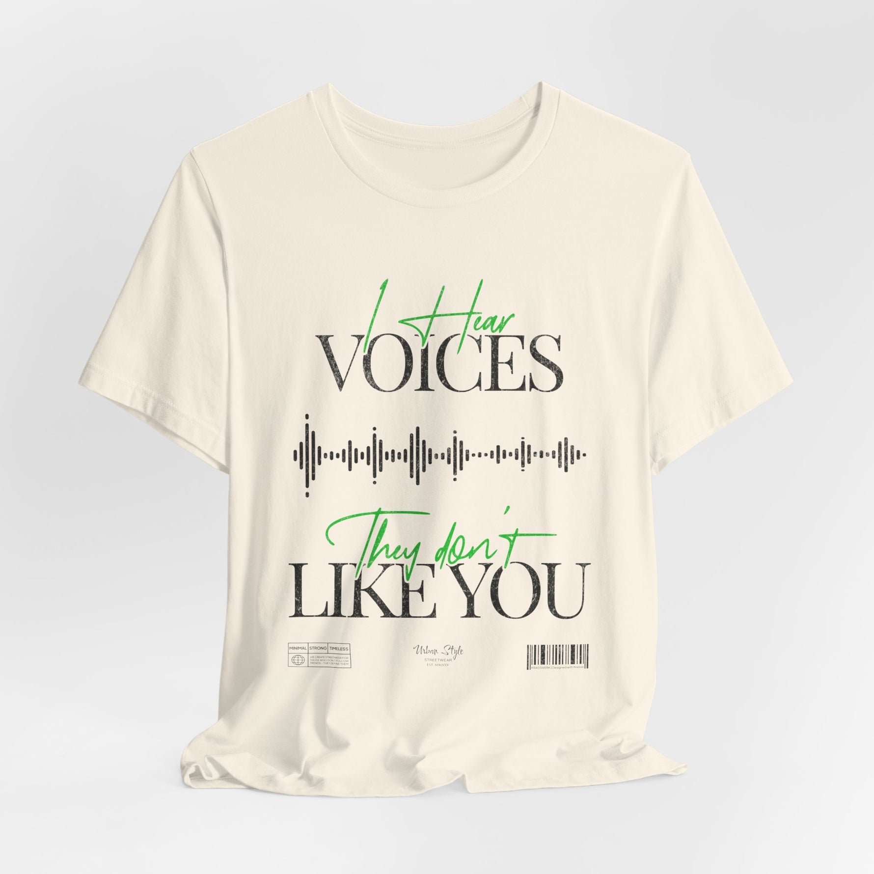 The VOICES t-shirt in Natural — the unsettling calm of thoughts that sound like truth.