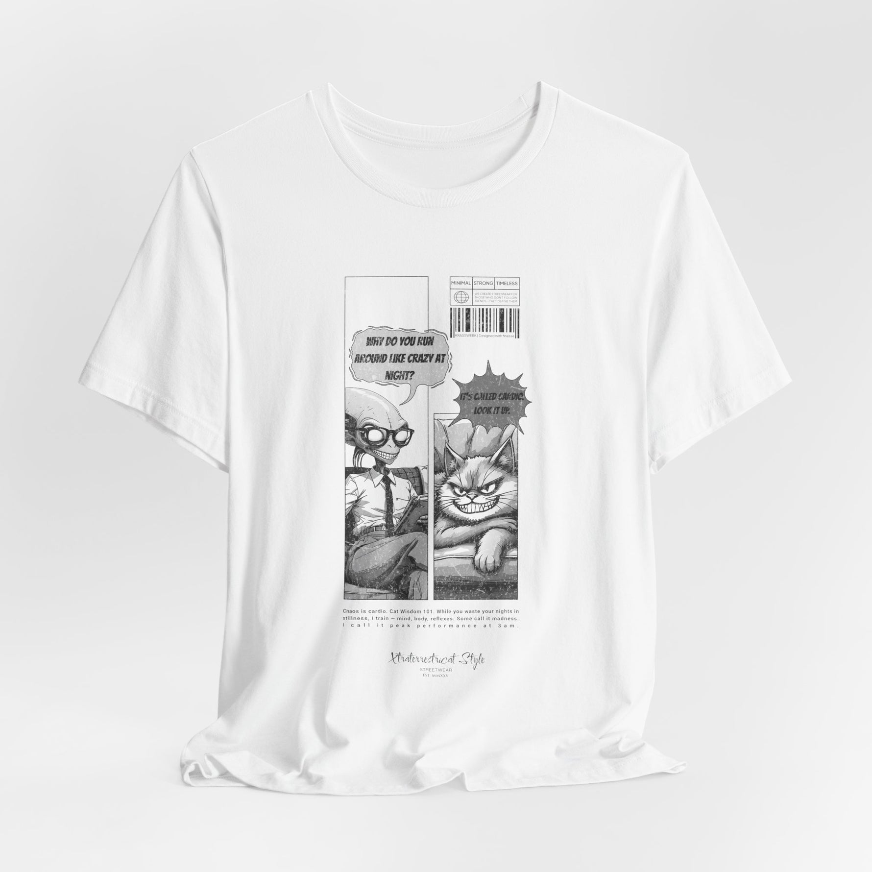 The CARDIO t-shirt in White — 3D mockup of the clean white version featuring the comic. Model-free and no background included.