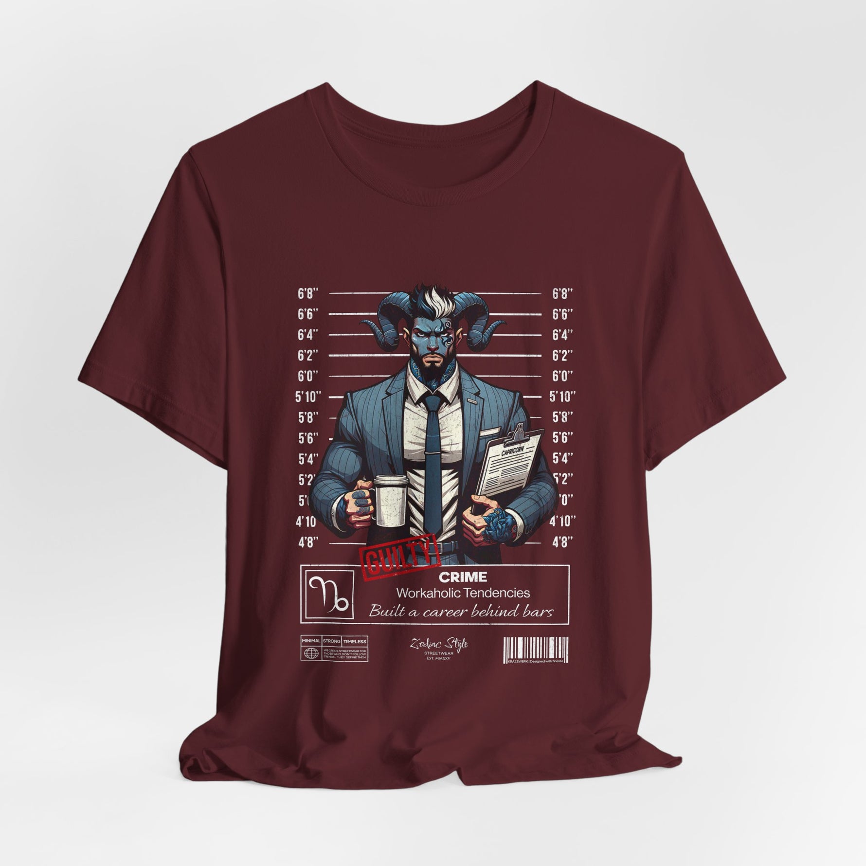The CAPRICORN t-shirt in Maroon — rich burgundy symbolizing determination and inner fire. No background. No model.