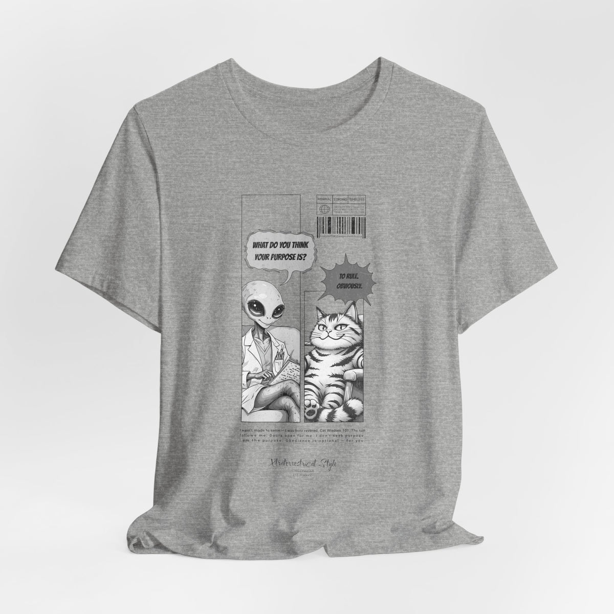 The TO RULE t-shirt in Athletic Heather — soft heather grey with a cool white comic panel.