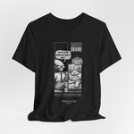 The CARDIO t-shirt in Black — 3D render of the black variant with white comic artwork. Plain setup. No background or figure.