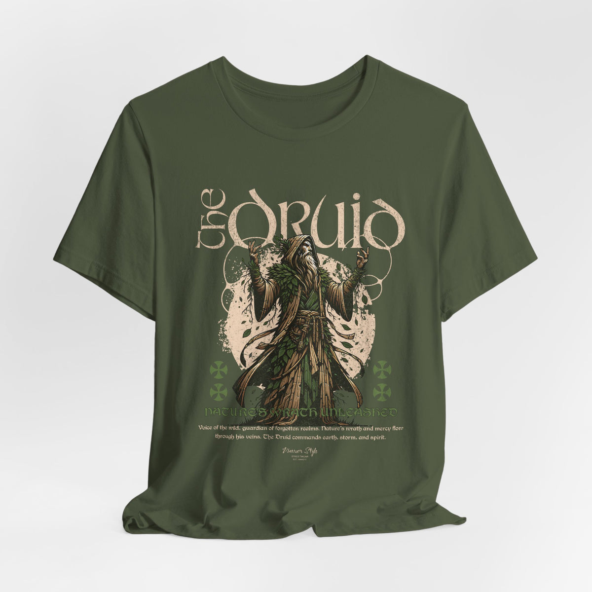 The DRUID t-shirt in Military Green — blending with wild silence, unseen and eternal.