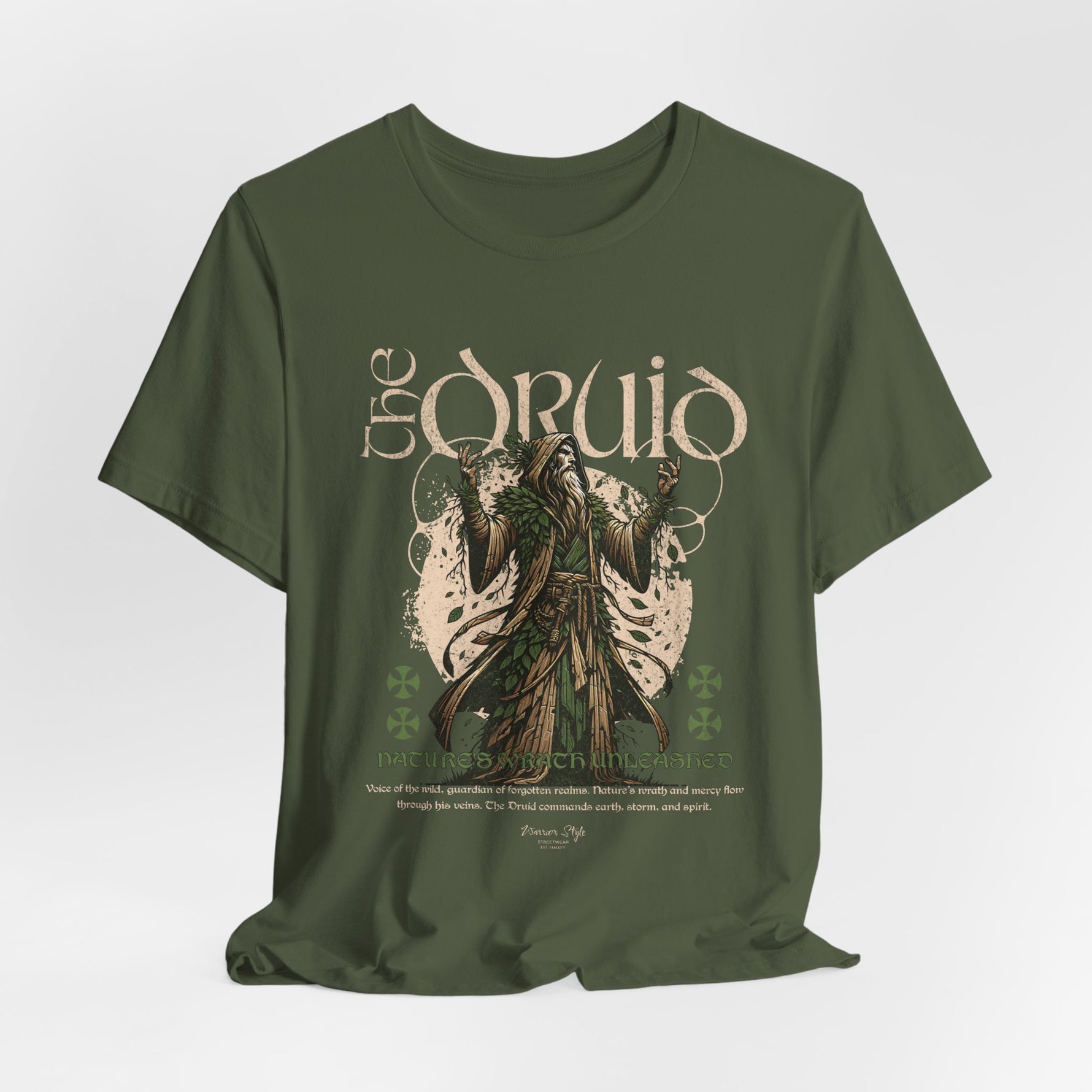 The DRUID t-shirt in Military Green — blending with wild silence, unseen and eternal.