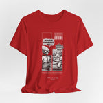 The CARDIO t-shirt in Red — Clean 3D render of the bright red version with printed design. No model, no background.