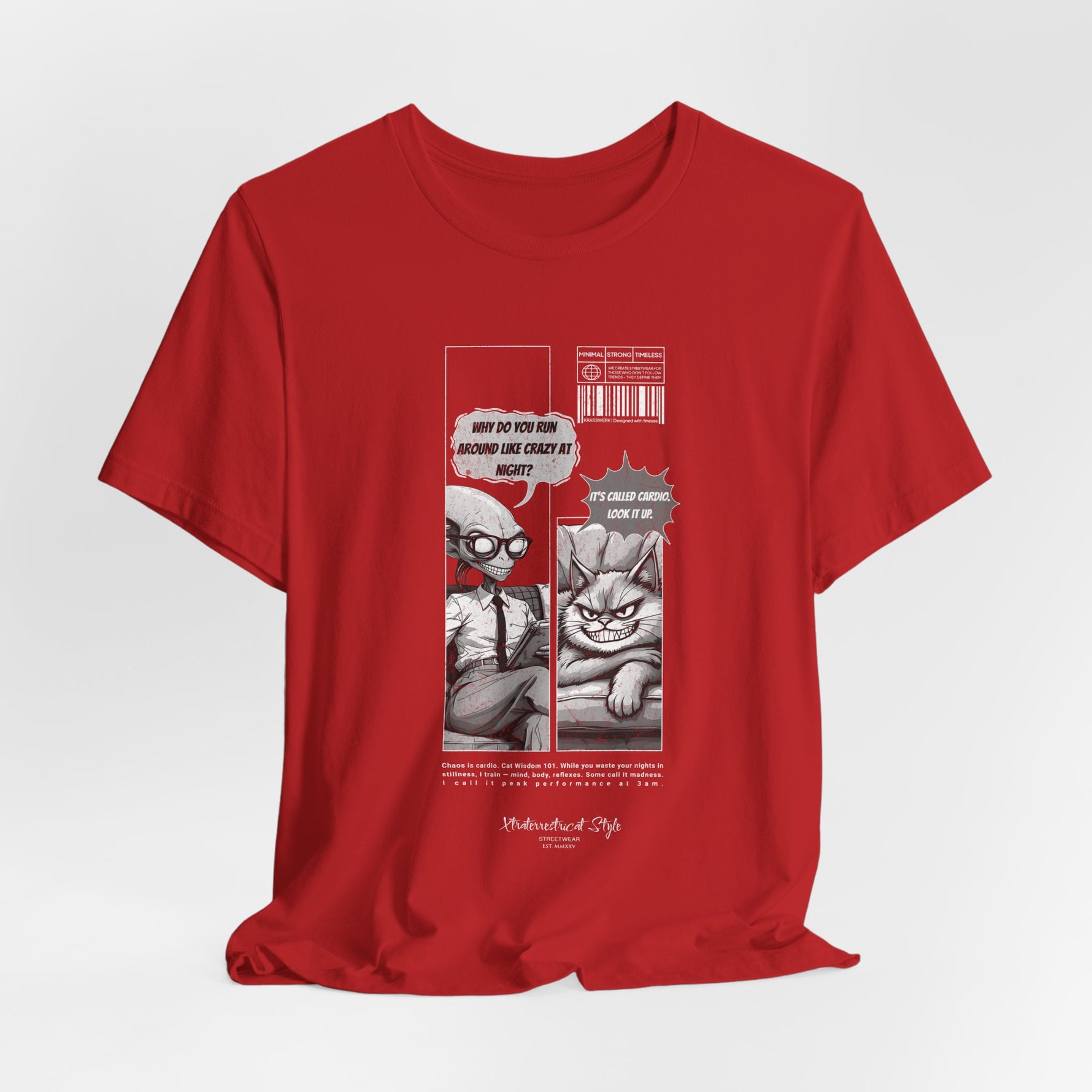The CARDIO t-shirt in Red — Clean 3D render of the bright red version with printed design. No model, no background.