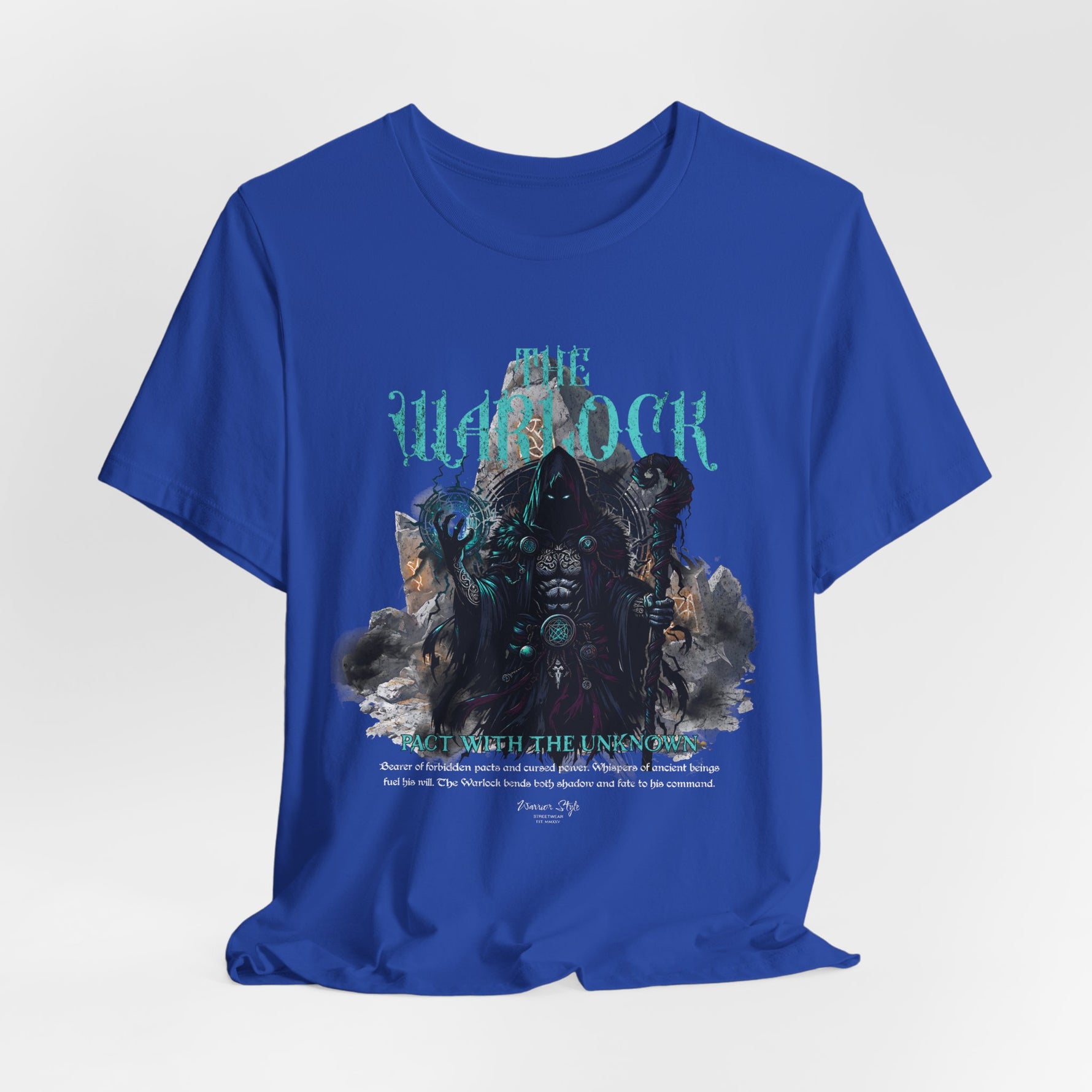 The Warlock t-shirt in True Royal — A royal curse robed in spectral dignity.