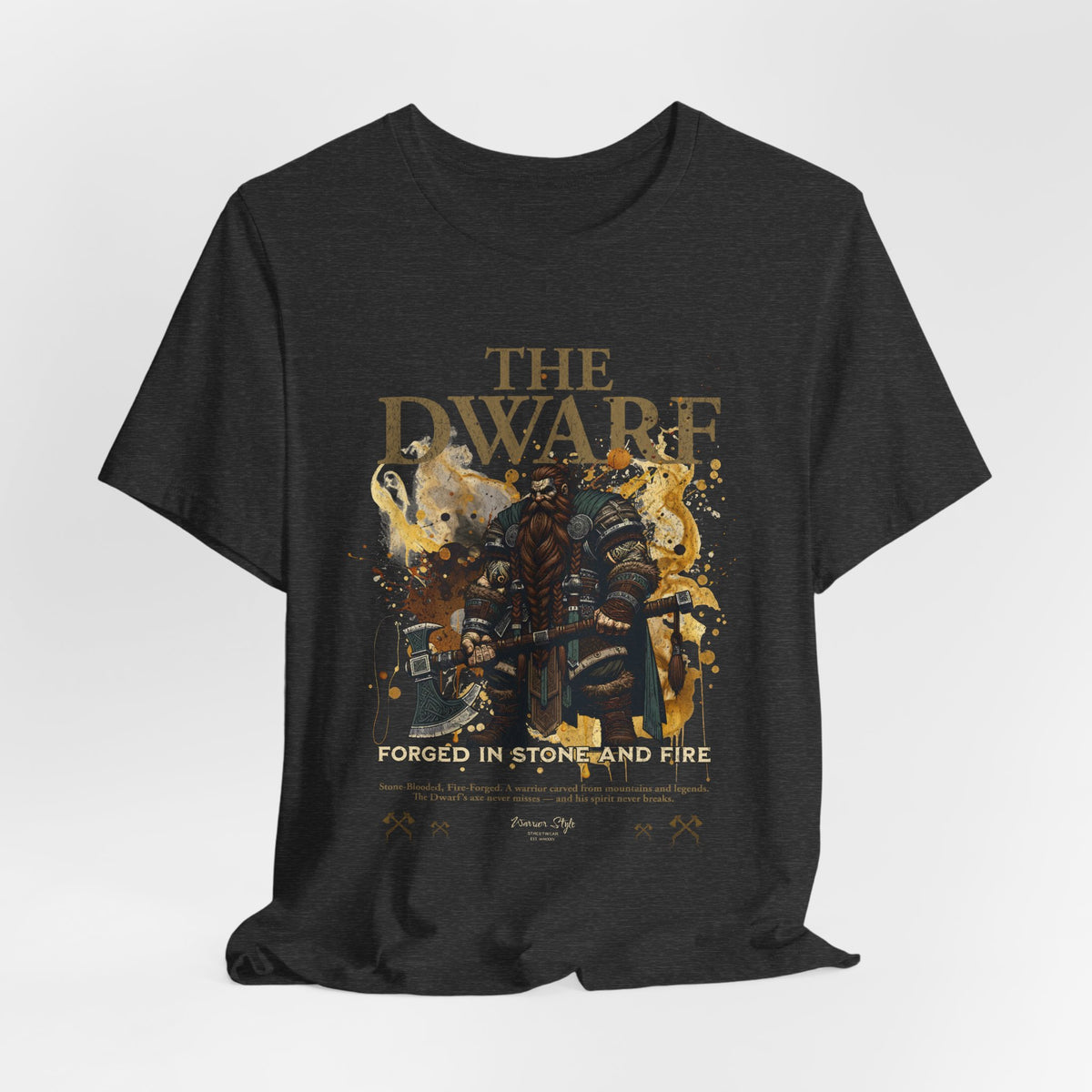 The DWARF t-shirt in Dark Heather Grey — like soot-stained stone from dwarven forges.