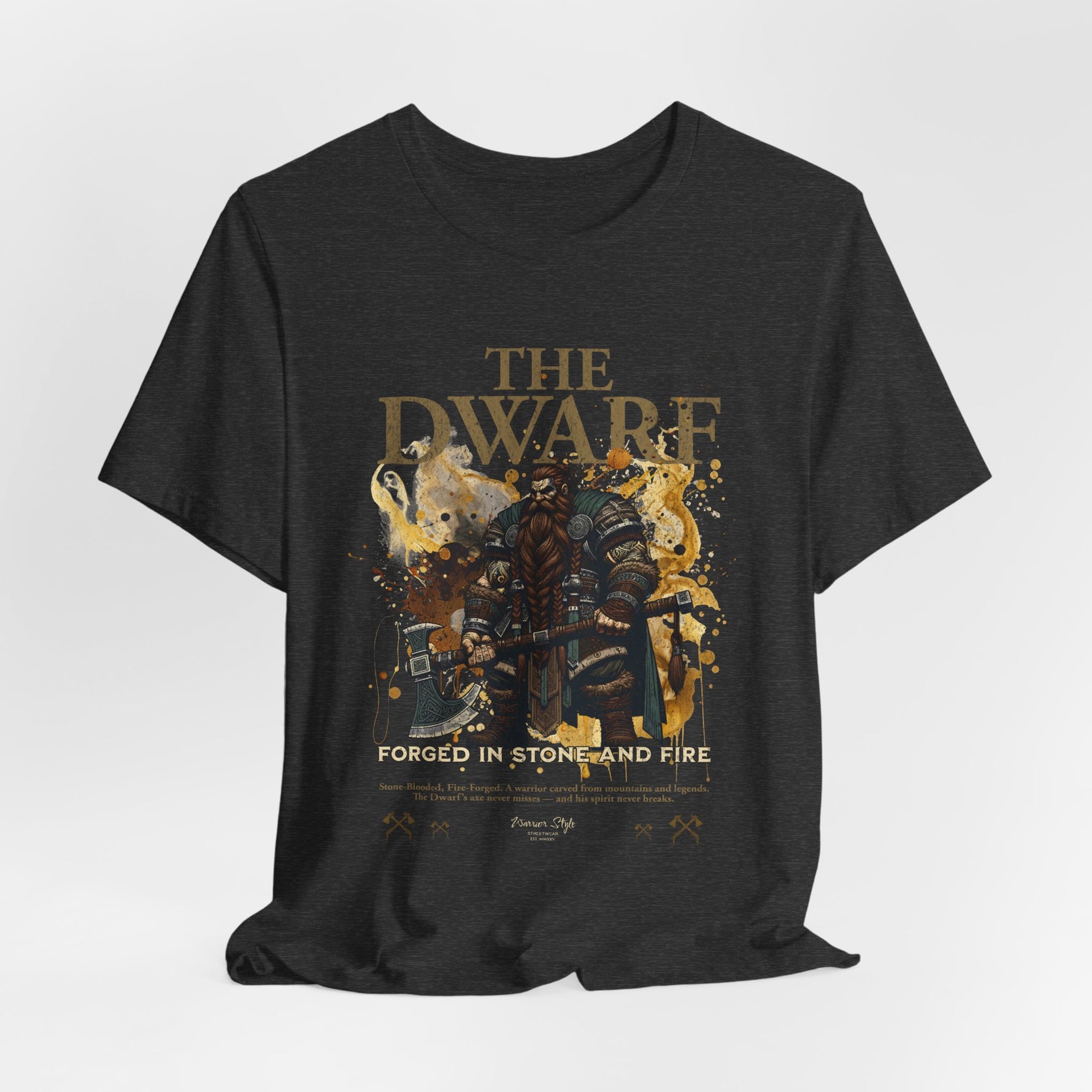 The DWARF t-shirt in Dark Heather Grey — like soot-stained stone from dwarven forges.